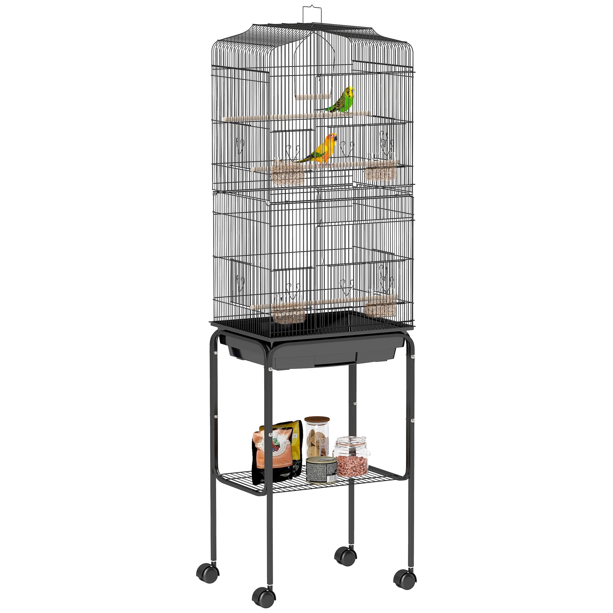 62" Rolling Bird Cage Cockatoo House Play Top Finch Pet Supply with Storage Shelf, Wheels - Black