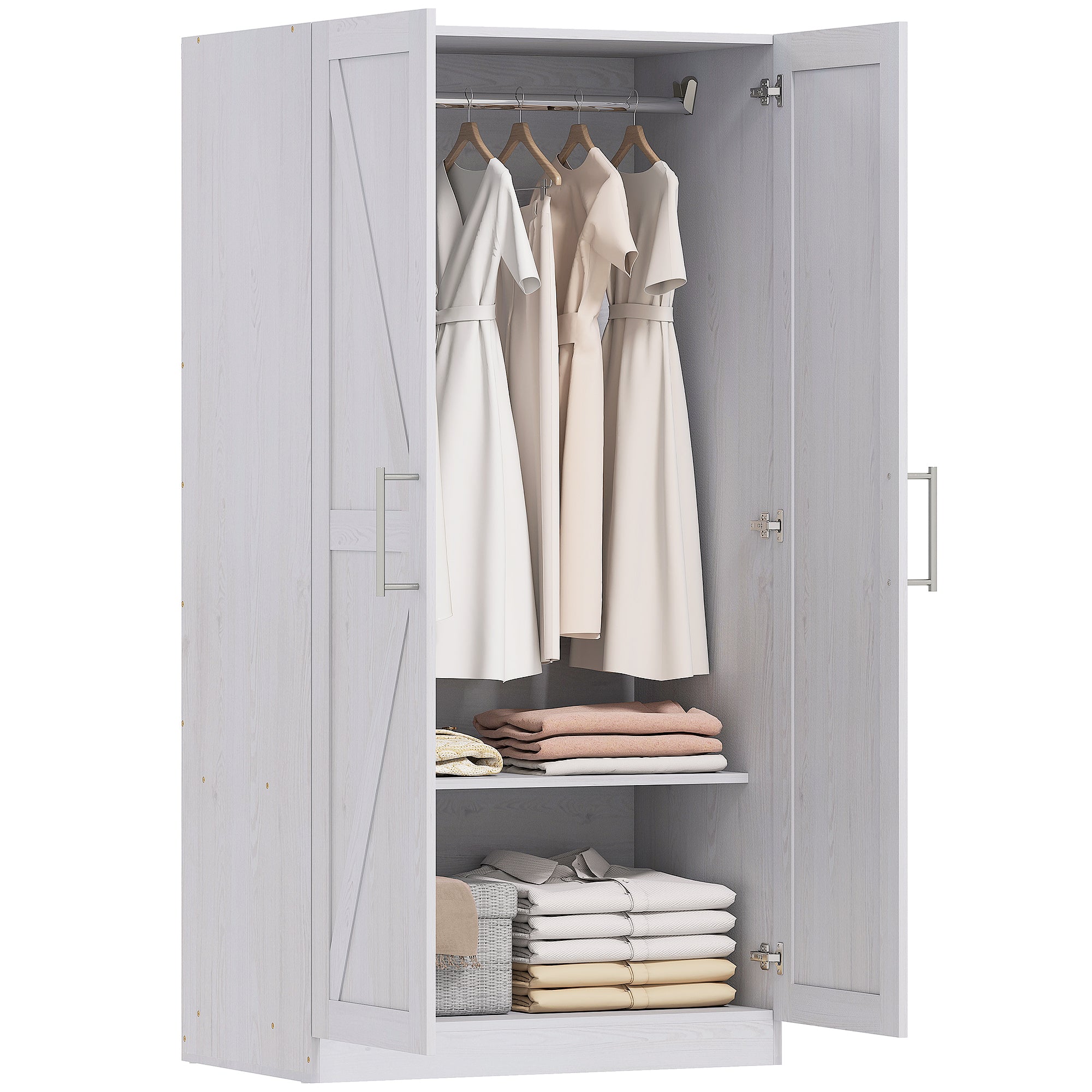 Wardrobe Cabinet with 2 Barn Doors and Hanging Rod, Farmhouse Armoire Wardrobe Closet for Bedroom, White Wood Effect