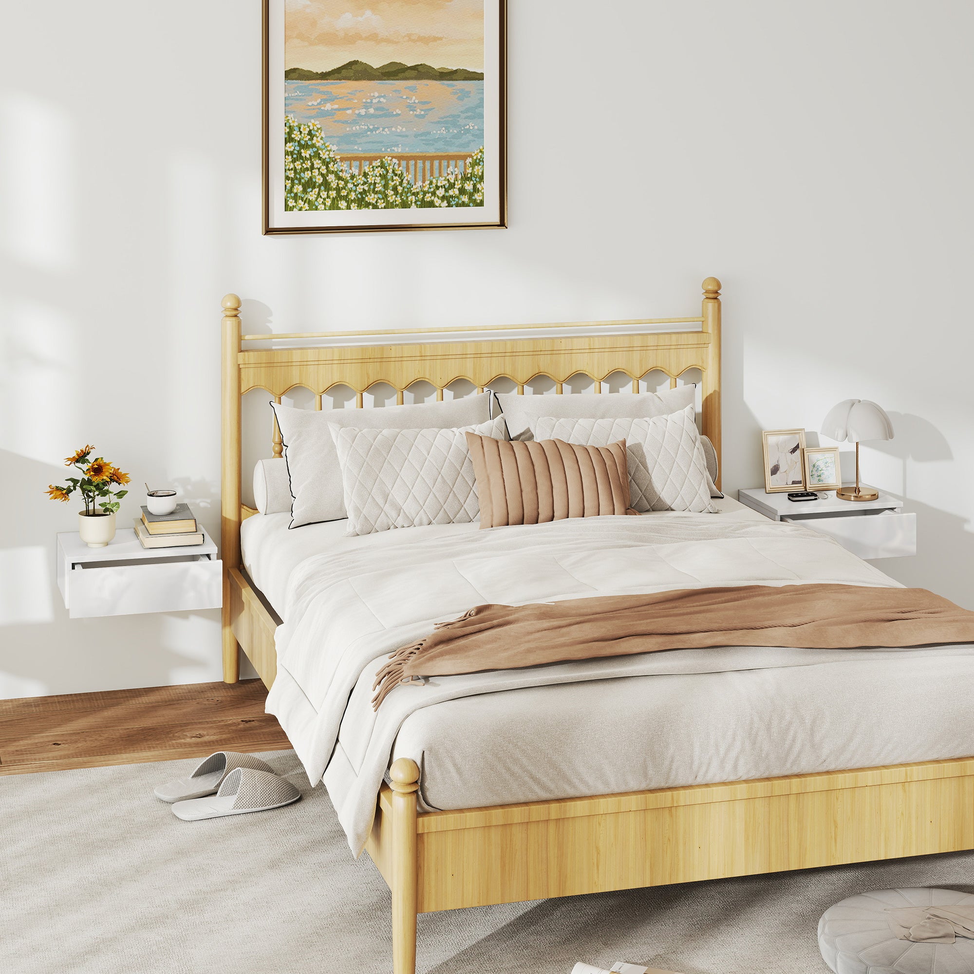 Set of 2 Wall Mounted Bedside Tables, High Gloss Floating Nightstands with Drawer for Bedroom, White