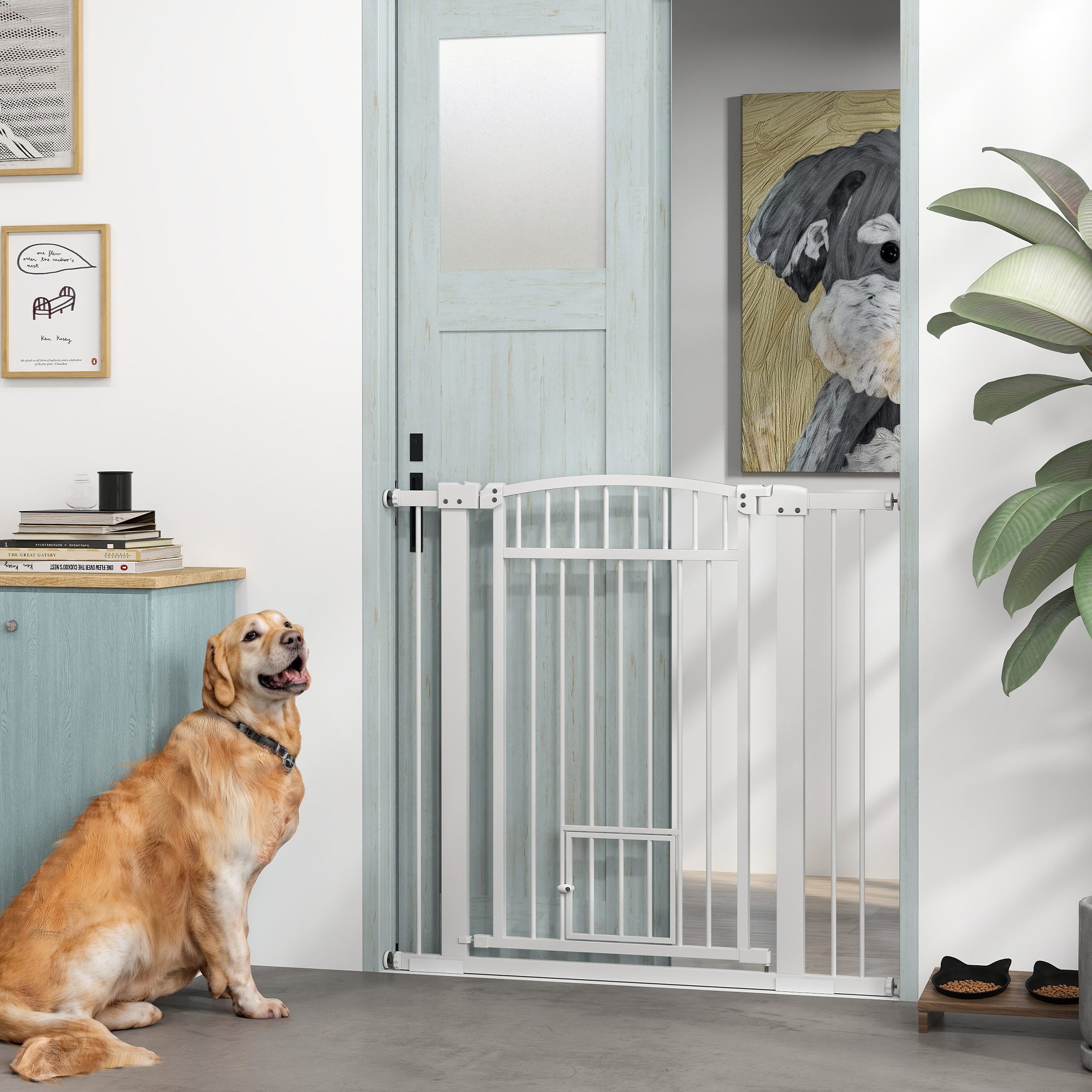 30"-41" Extra Wide Pet Gate with Small Door, 37" H Dog Gate with 3-Inch and 5.5-Inch Extension Kit