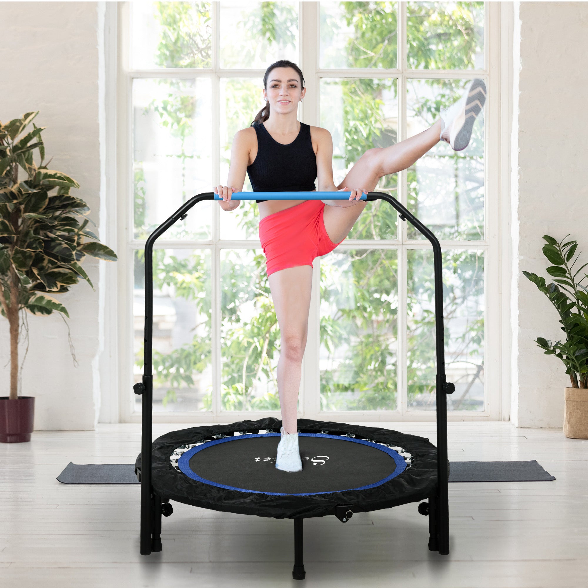 Soozier 40" Foldable Mini Fitness Trampoline, with Adjustable Foam Handle, Blue
