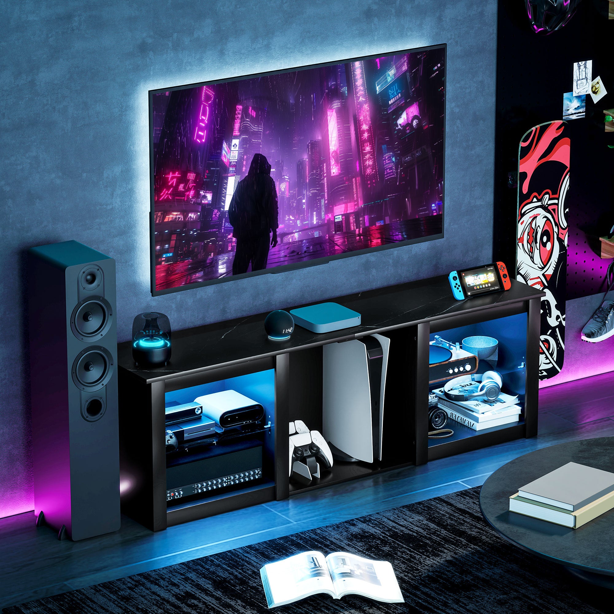 TV Stand with LED Lights, Modern Entertainment Center with Adjustable Glass Shelves, for TVs up to 65 Inch, Black