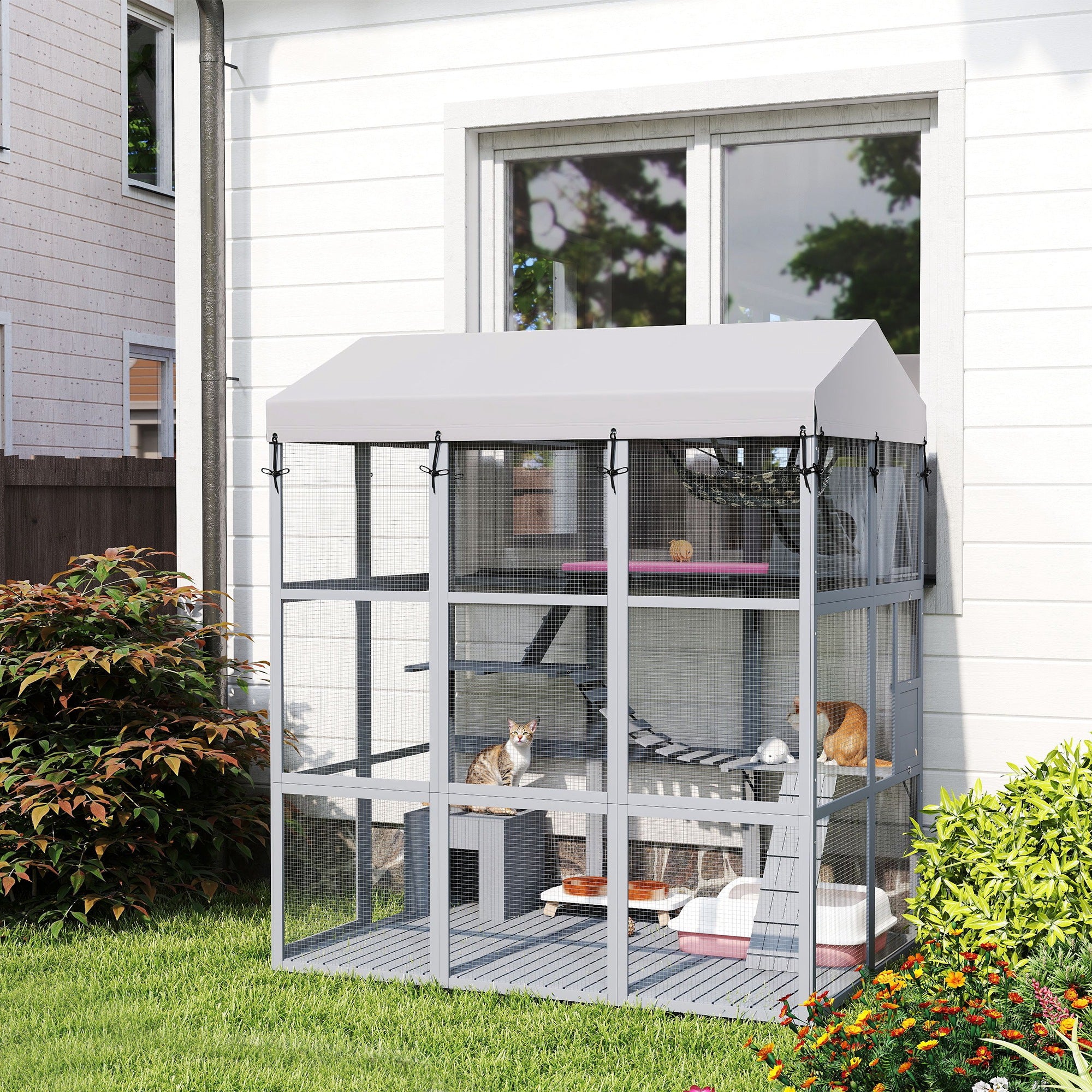 81"H Catio Outdoor with Floor to Prevent Escaping & Easy Cleaning, for 2-4 Cats Kittens, Grey