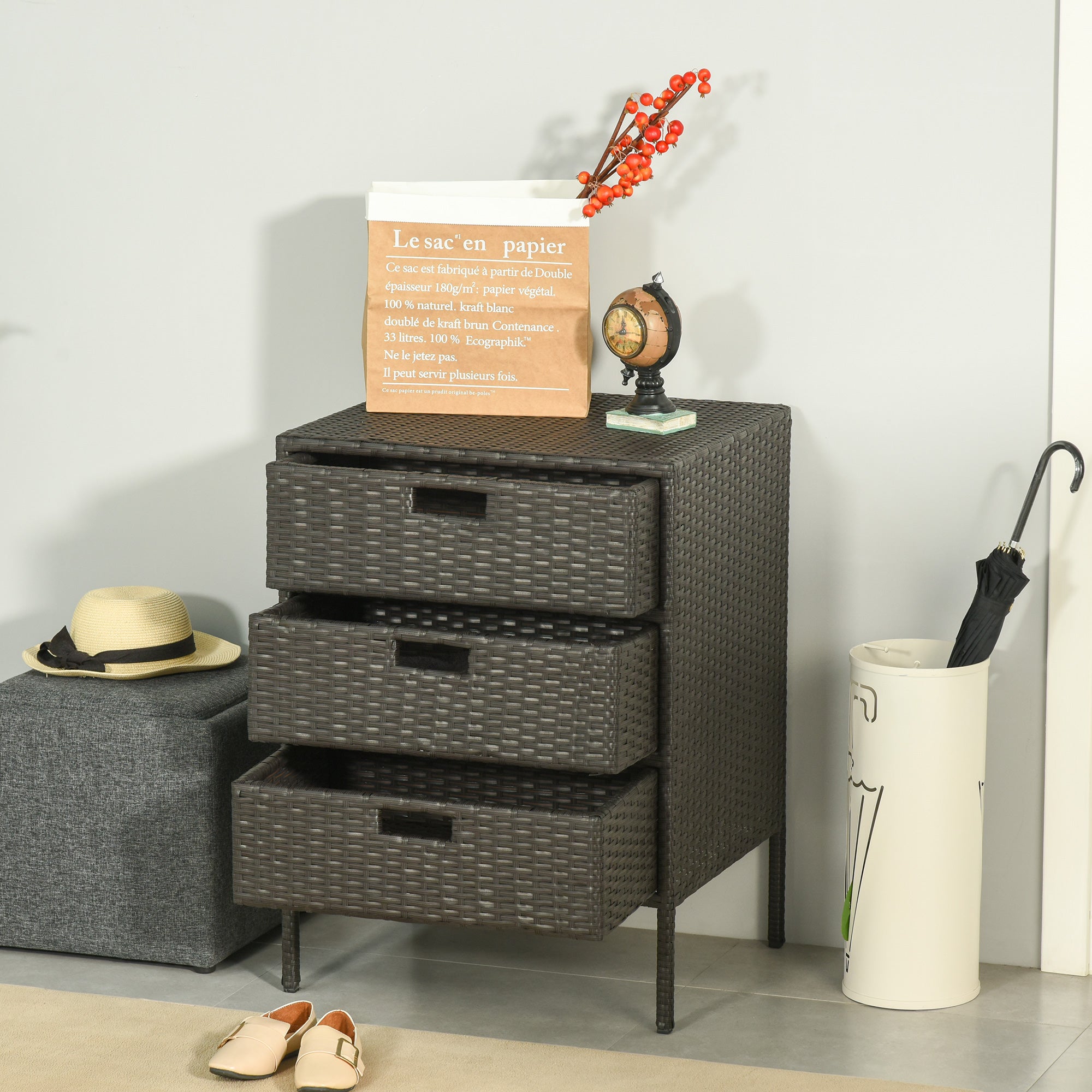 32" Poolside Rattan Wicker Patio Organizer Storage Cabinet Bathroom Storage w/ 3 Large Drawers Garden Outdoor