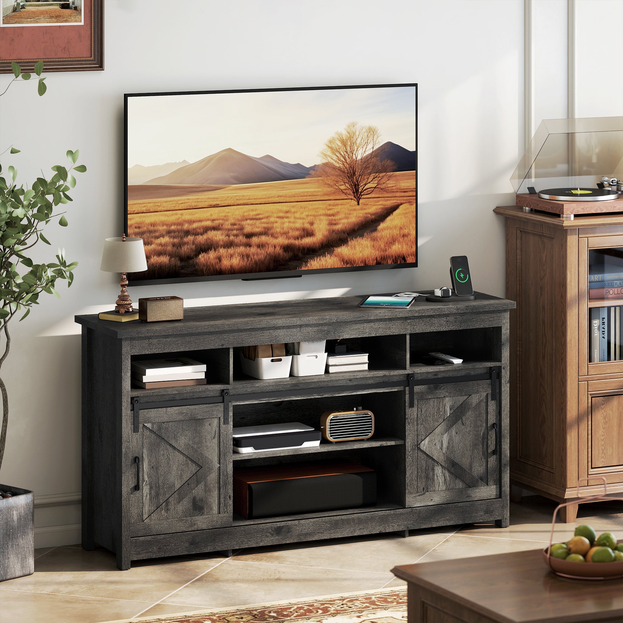 TV Stand with Power Outlets, Sliding Barn Doors and Adjustable Shelves for 72 Inch TVs, Dark Grey