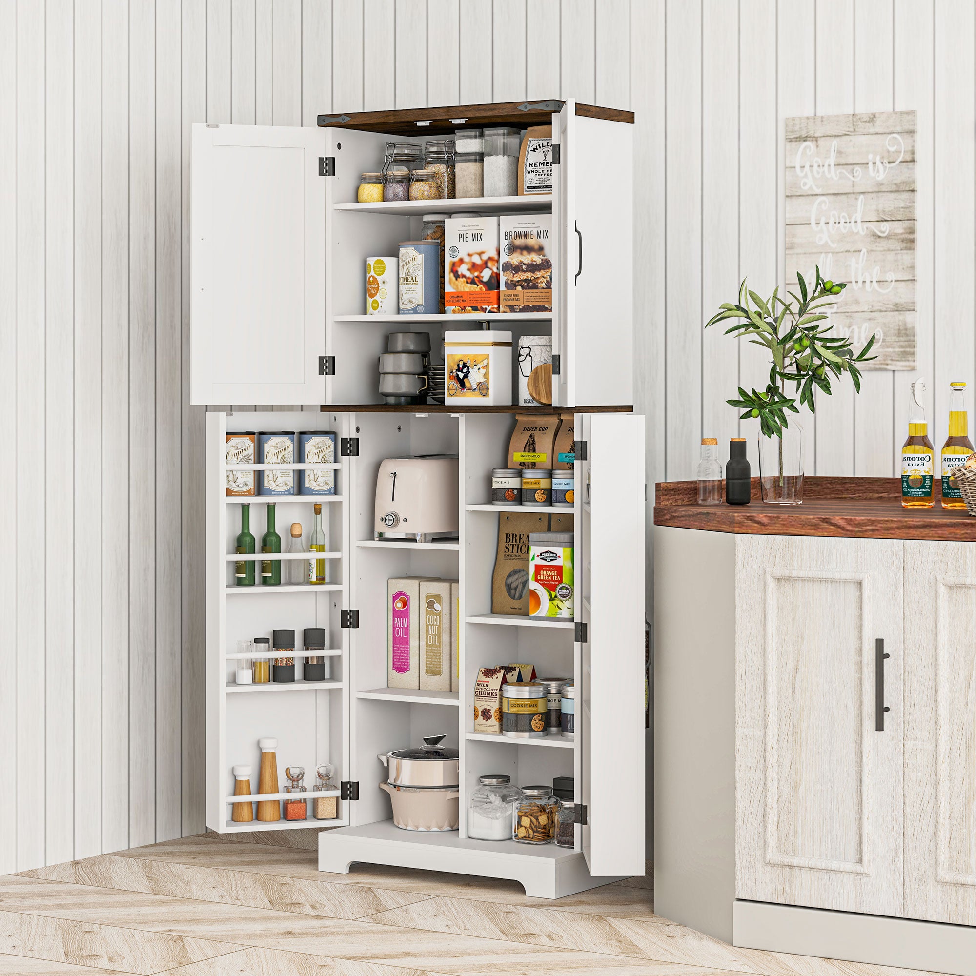 64" Tall Kitchen Pantry Cabinet with Spice Racks and Adjustable Shelves, White