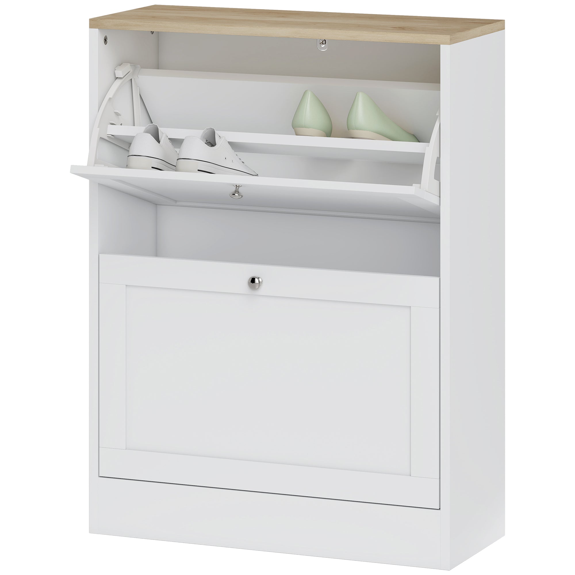 Slim Shoe Storage Cabinet, Modern Shoe Cabinet with 2 Flip Drawers and Adjustable Shelves for 8-12 Pairs, White