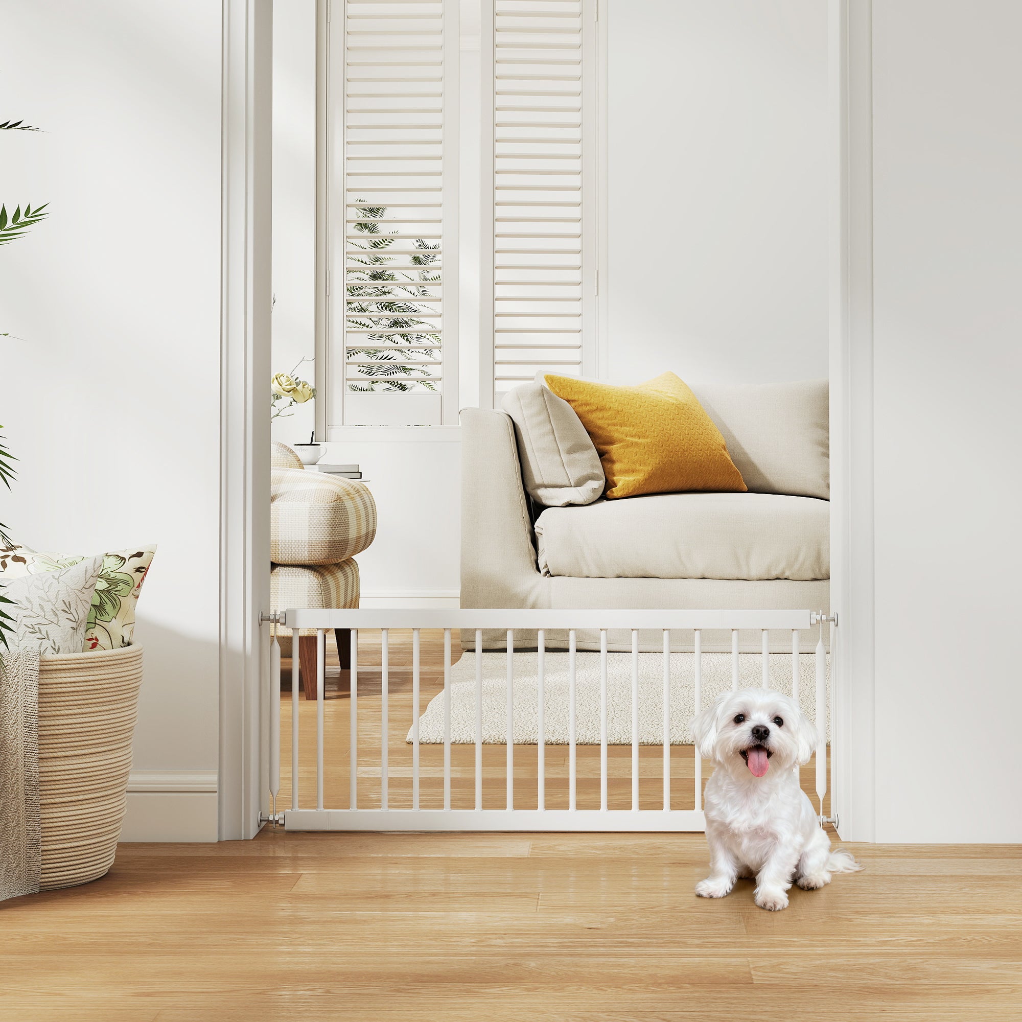 26"-37" Dog Gate, Adjustable Pet Gate, Fits 14" Tall with 2 Extension, Pressure Mount Kit for Stairs and Doorways, White
