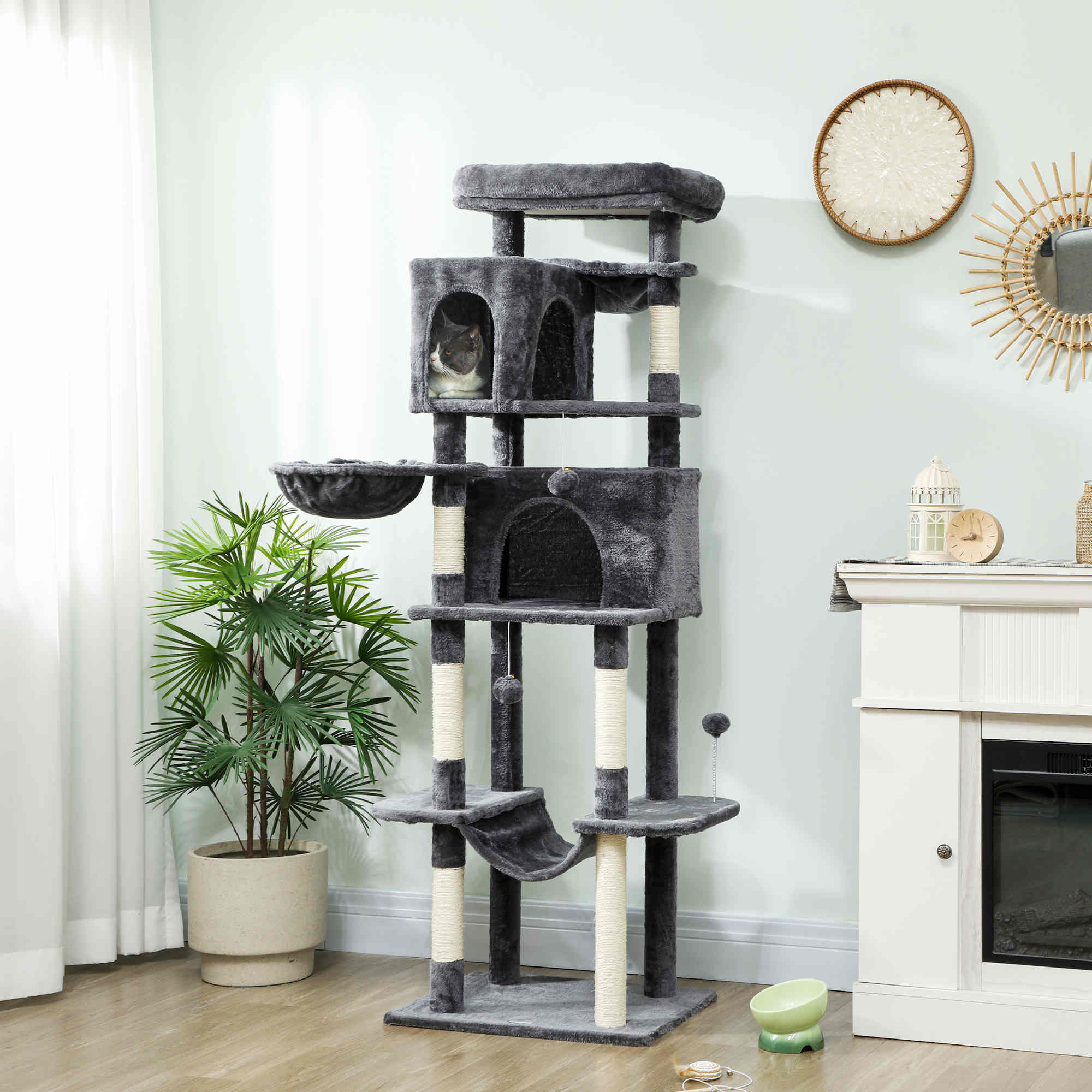 69" Cat Tree, Multi-Level Cat Tower with 2 Condos, Plush Perch and Sisal Scratching Posts, Dark Grey