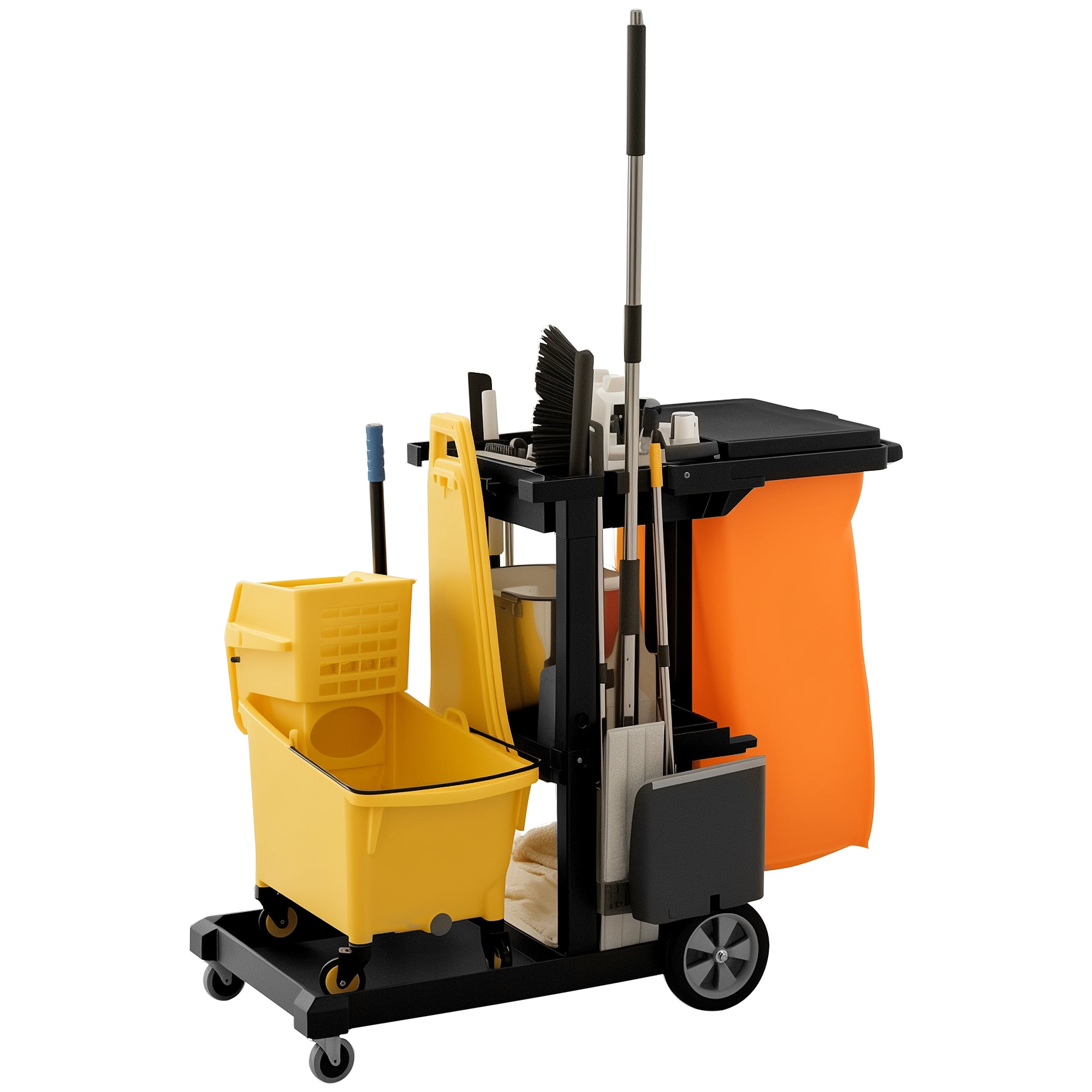 Commercial Janitorial Cart with 3 Tier Shelves, Cleaning Cart with Rubbish Bag and Mop Mount for Hotel Restaurant, Black