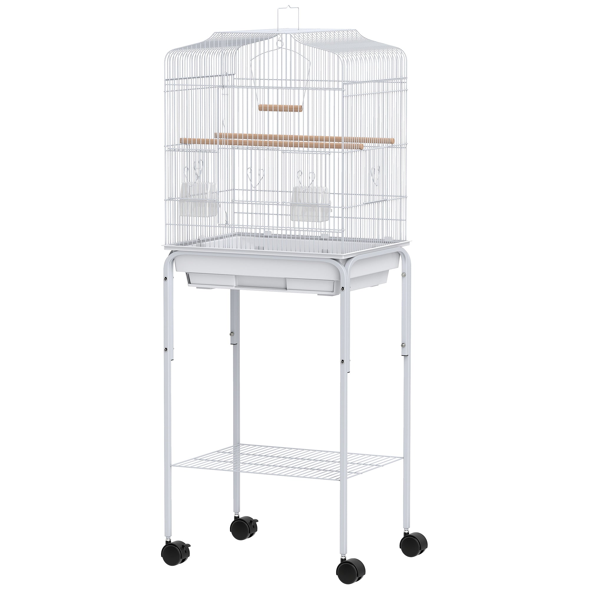 49" Rolling Bird Cage Cockatoo House Play Top Finch Pet Supply with Storage Shelf, Wheels - White