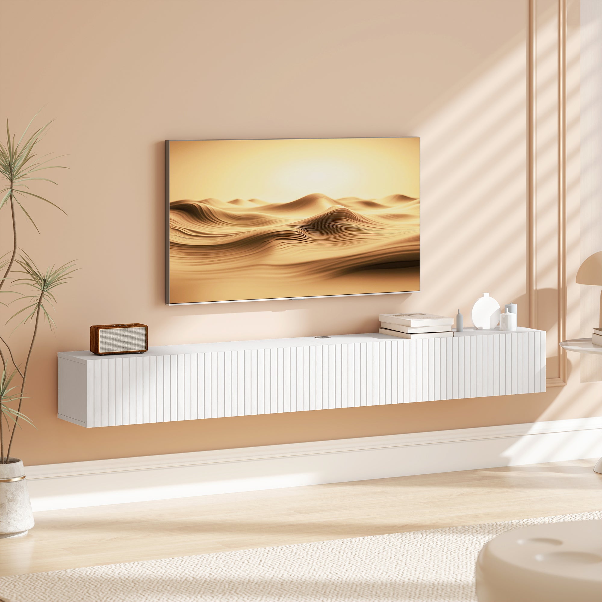 71" Floating TV Stand for TVs up to 72 Inch, Wall Mount Media Console with 2 Fluted Flip-Down Doors, Cable Hole, White