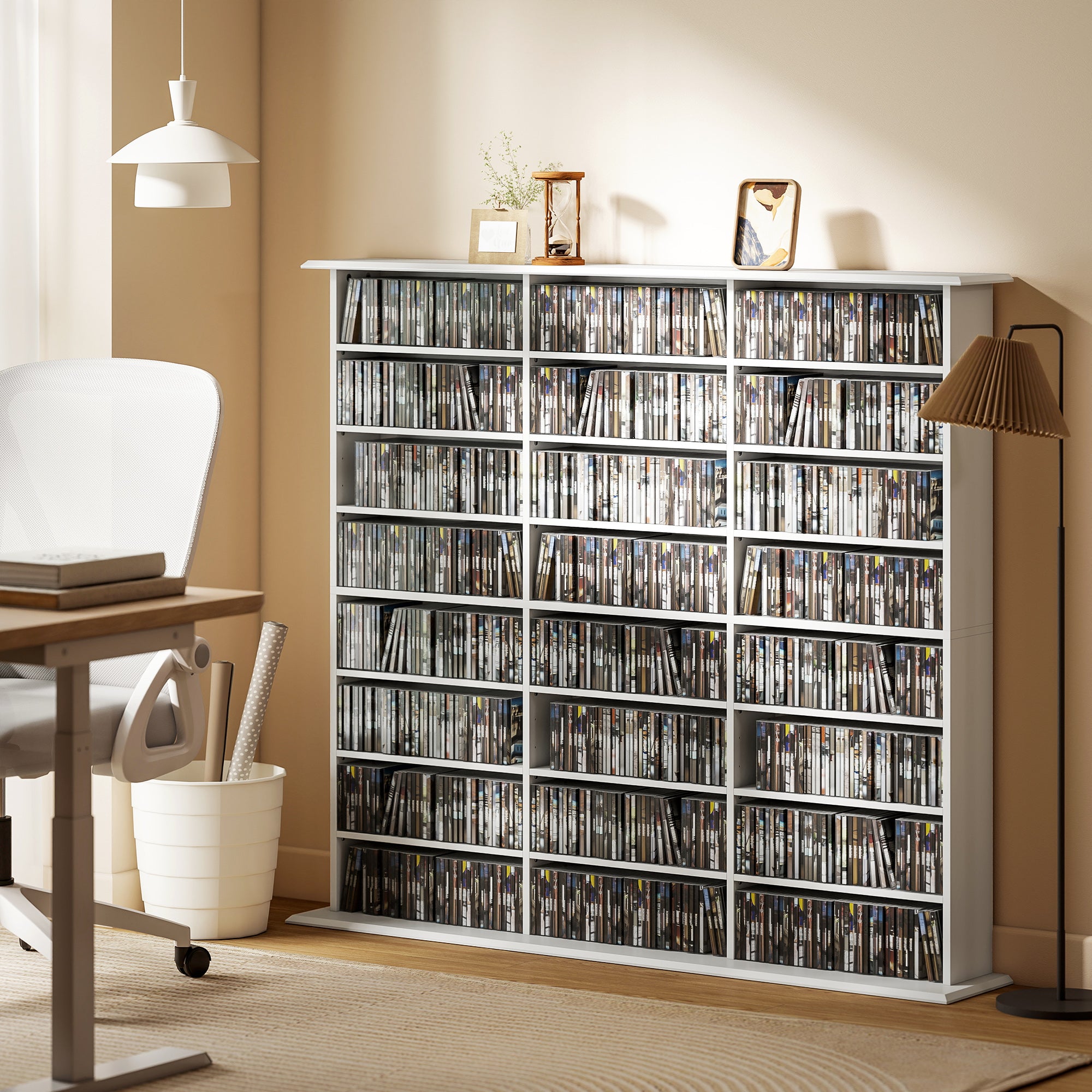 Media Storage Cabinet, 8-Tier DVD Shelf with 18 Adjustable Shelves, Holds 1032 CDs, 594 DVDs or Blu-rays, White