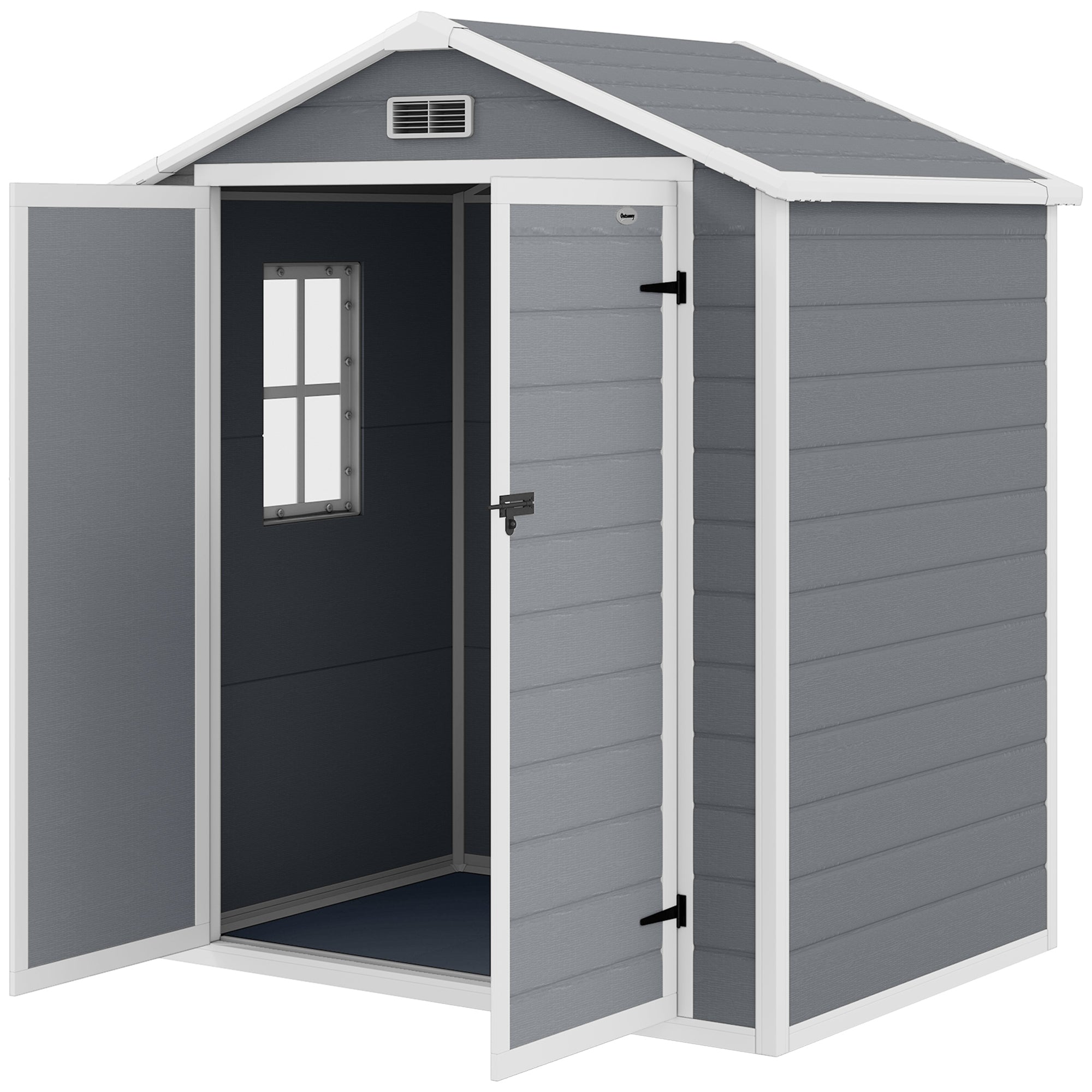 6x4.5FT Plastic Shed, Lockable Garden Tool Storage House with Double Doors and Vent, Grey
