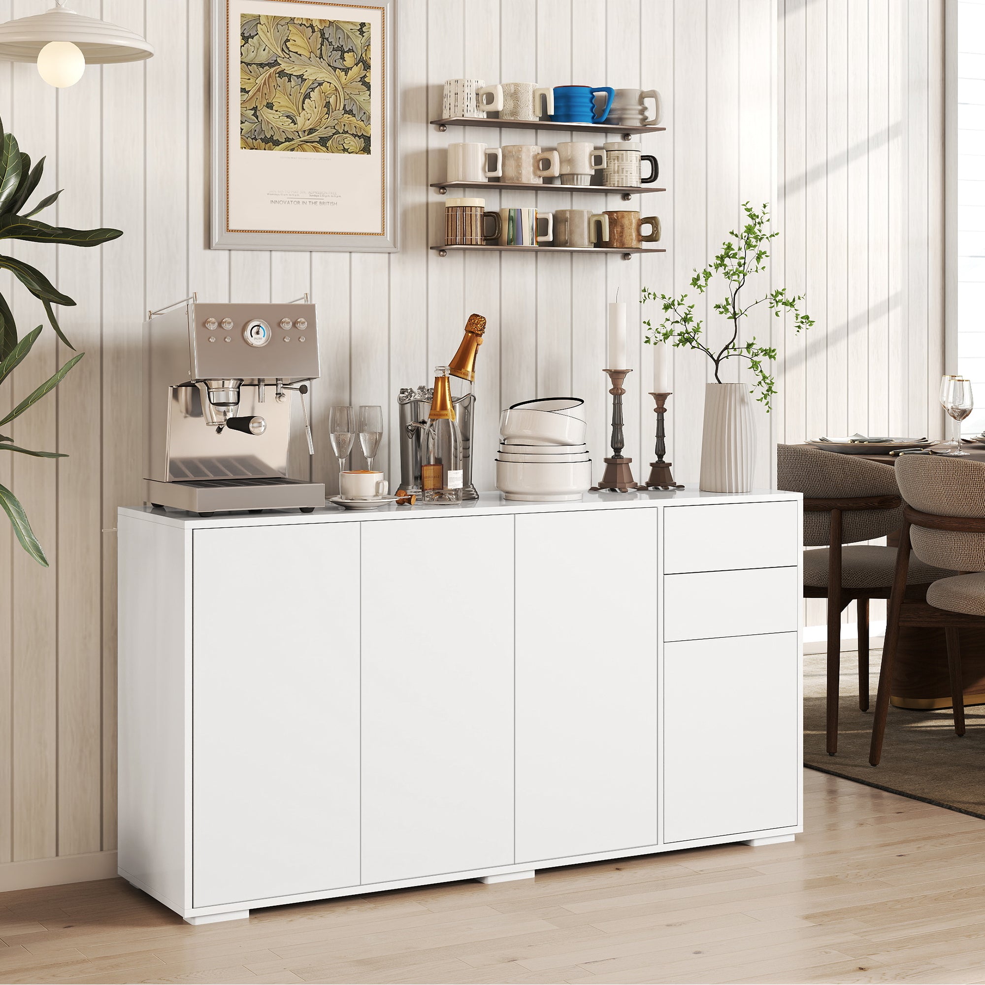 Kitchen Sideboard Storage Cabinet, Modern Coffee Bar Cabinet with Push-Open Design and 2 Drawers for Living Room, White