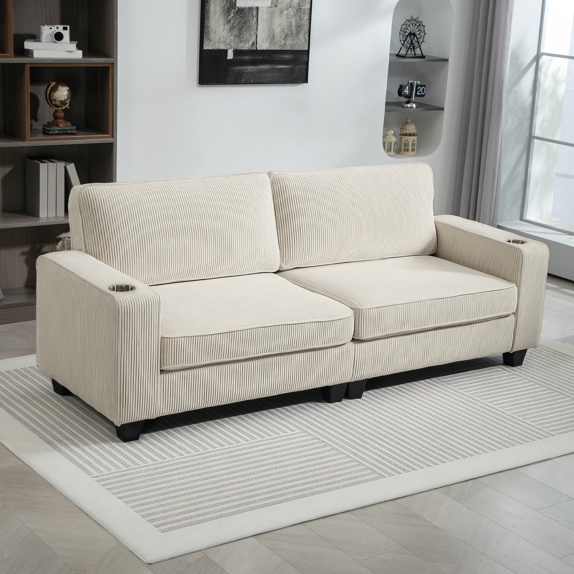 Three Seater Sofa, Fabric 3 Seater Couch with Spring Cushion and Cup Holders for Living Room, Bedroom, Cream White