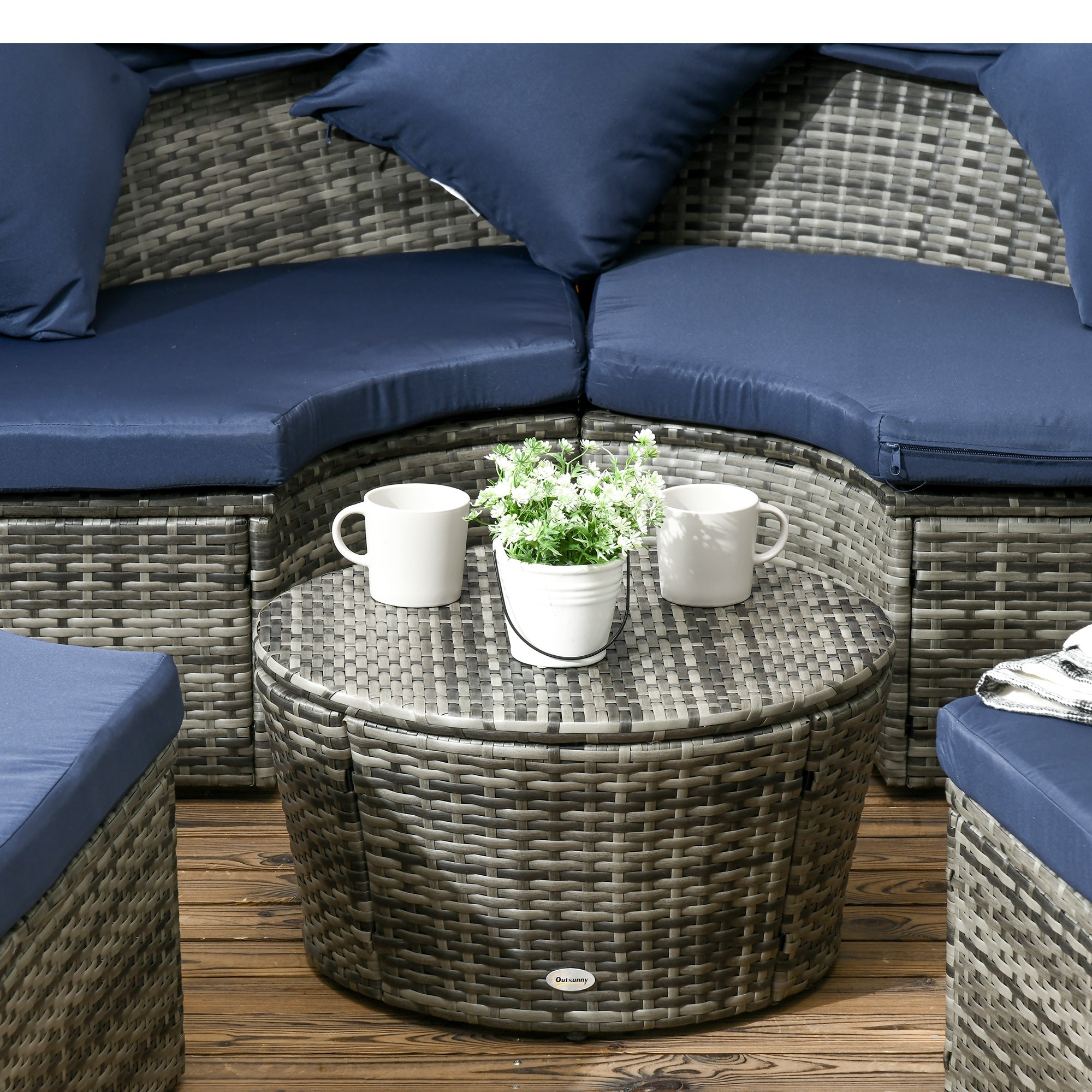 4 Pieces Outdoor Daybed with Retractable Canopy, PE Rattan Wicker Round Sofa Day Bed, Patio Sectional  Conversation Furniture Set with Cushions and Pillows, Dark Blue