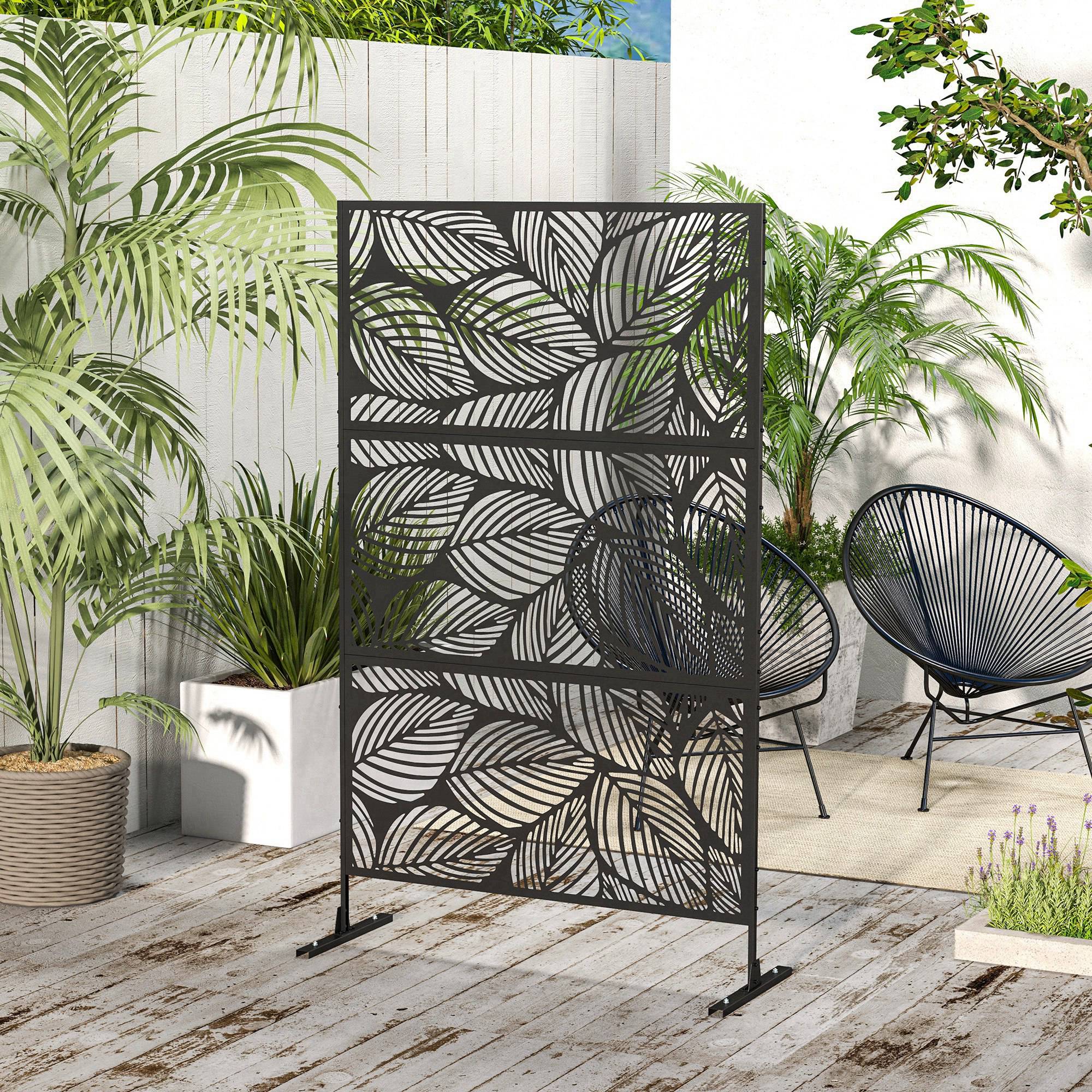 6.5FT Decorative Outdoor Divider, Metal Privacy Screen with Stand, Leaf Style, Black