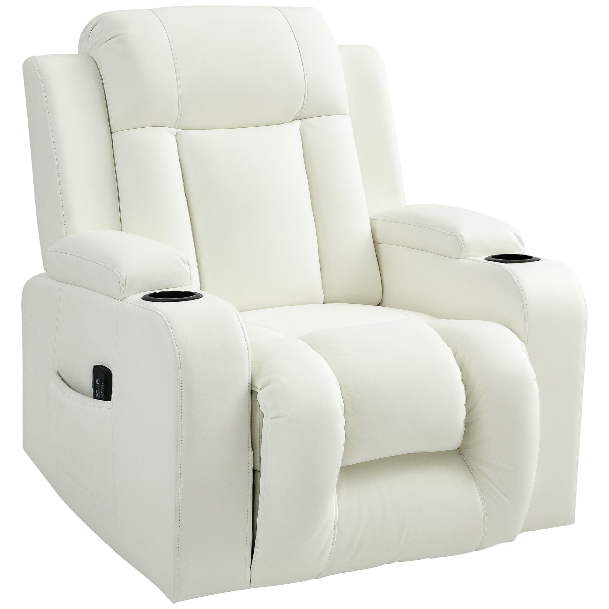 Swivel Massage Recliner Sofa, Overstuffed Manual Reclining Sofa, PU Leather Rocking Chair with Side Pockets, Cup Holders, for Living Room, Nursery, Cream White