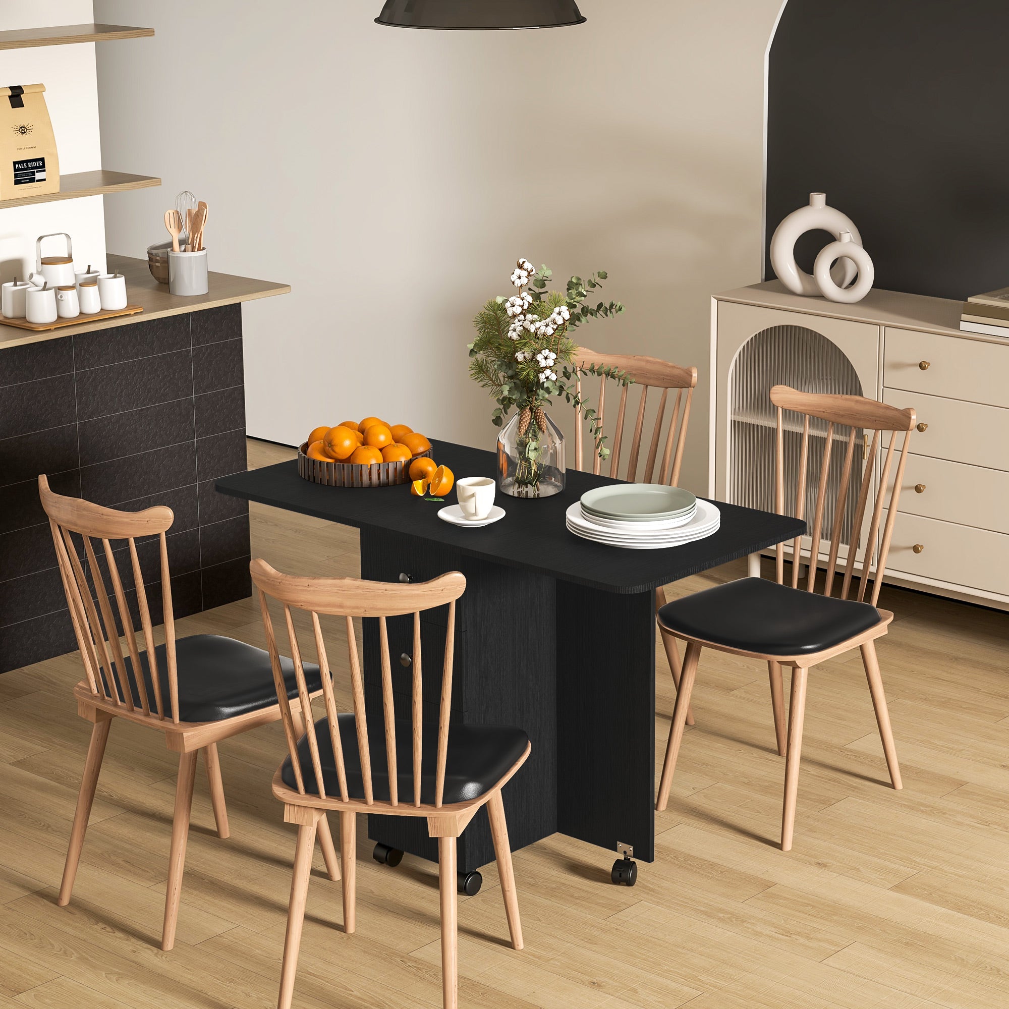 Drop Leaf Dining Table, Mobile Folding Table on Wheels with Drawers and Cabinet for Dining Room, Kitchen, Black