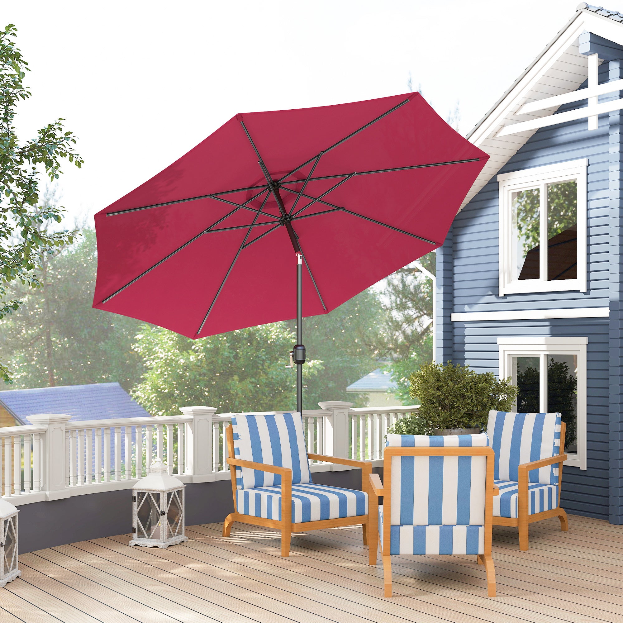 10' x 8' Round Market Umbrella, Patio Umbrella with Crank Handle and Tilt, Outdoor Parasol for Garden, Bench, Lawn, Wine Red