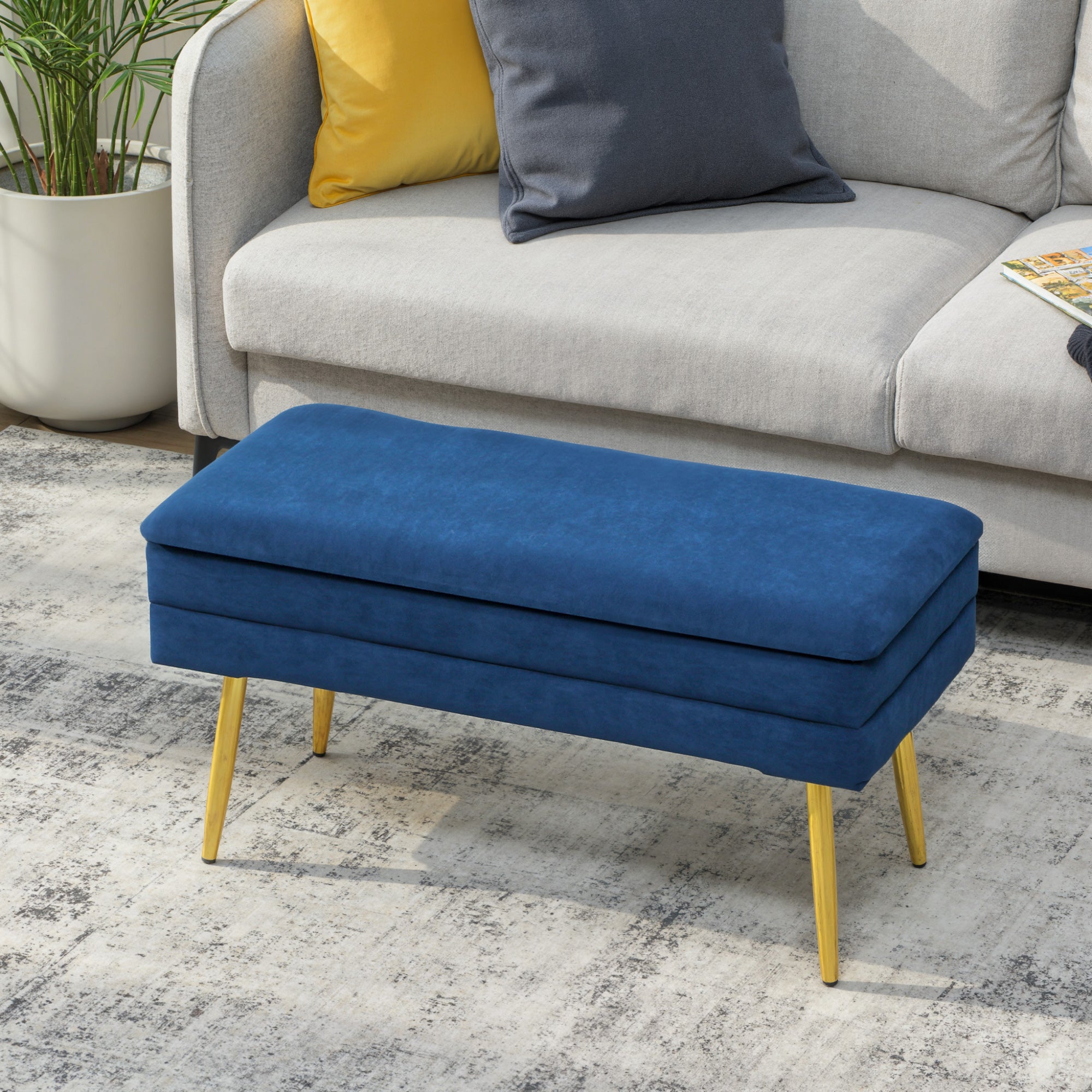 31" Storage Ottoman, Velvet End of Bed Bench with Steel Legs, Foot Stool with Storage for Bedroom, Living Room