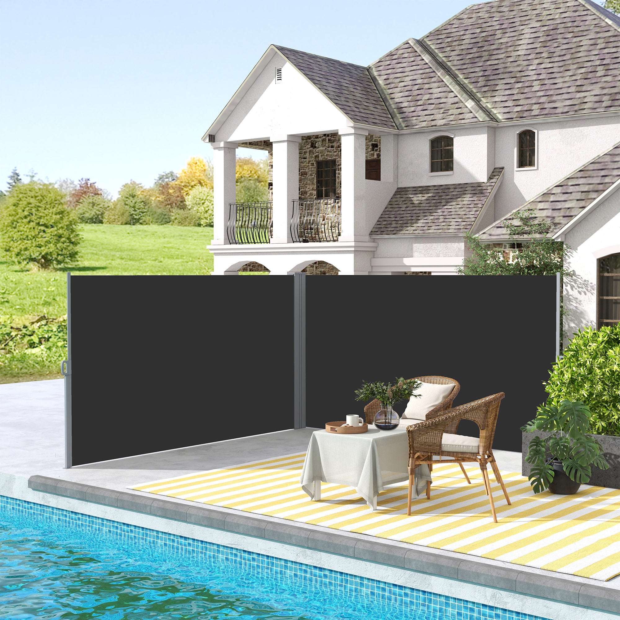236" x 63" Outdoor Privacy Wall, Double Retractable Side Awning, Patio Screen for Garden, Balcony, Backyard, Black