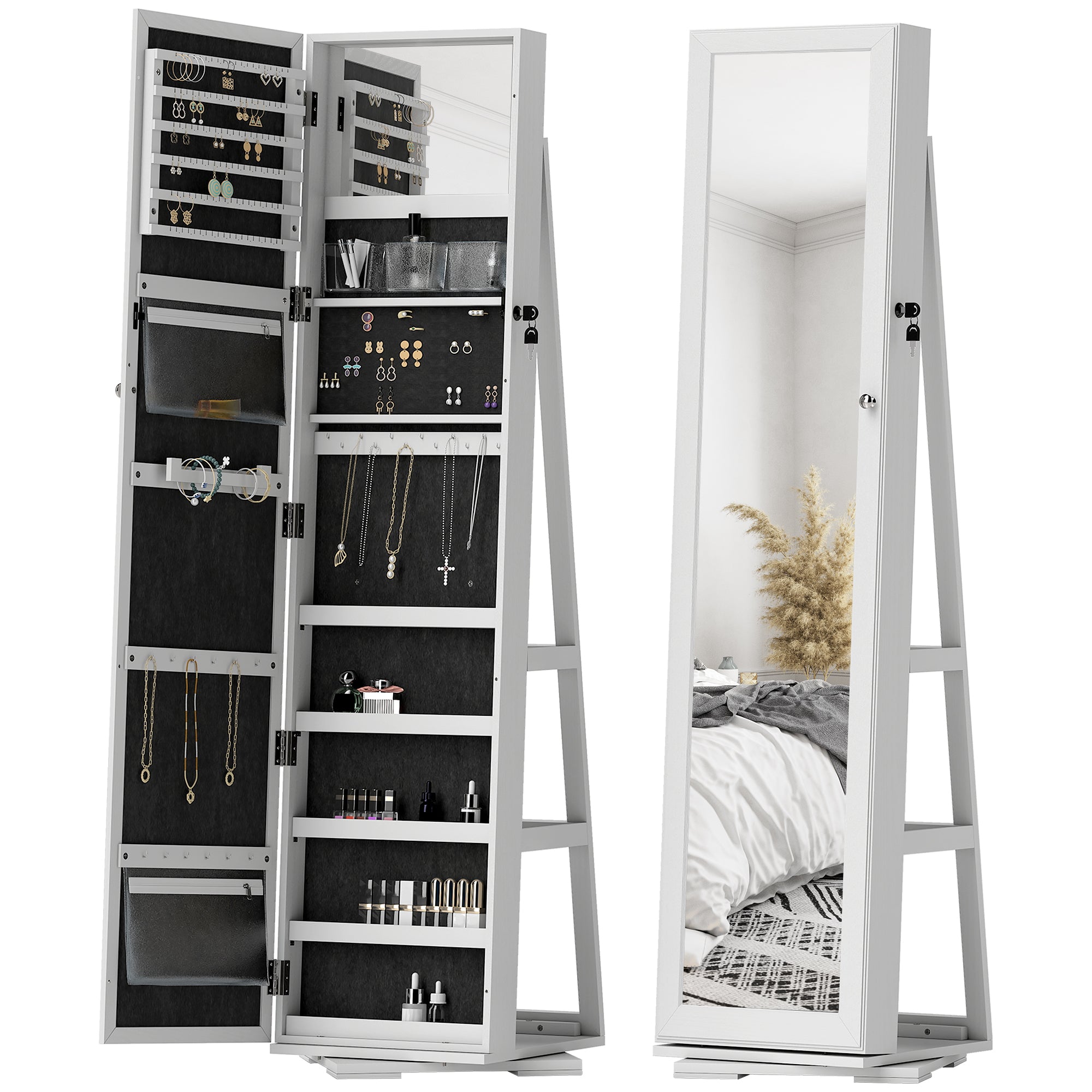 360° Swivel Jewelry Armoire, Lockable Mirror Jewelry Cabinet with Built-In Small Mirror, White