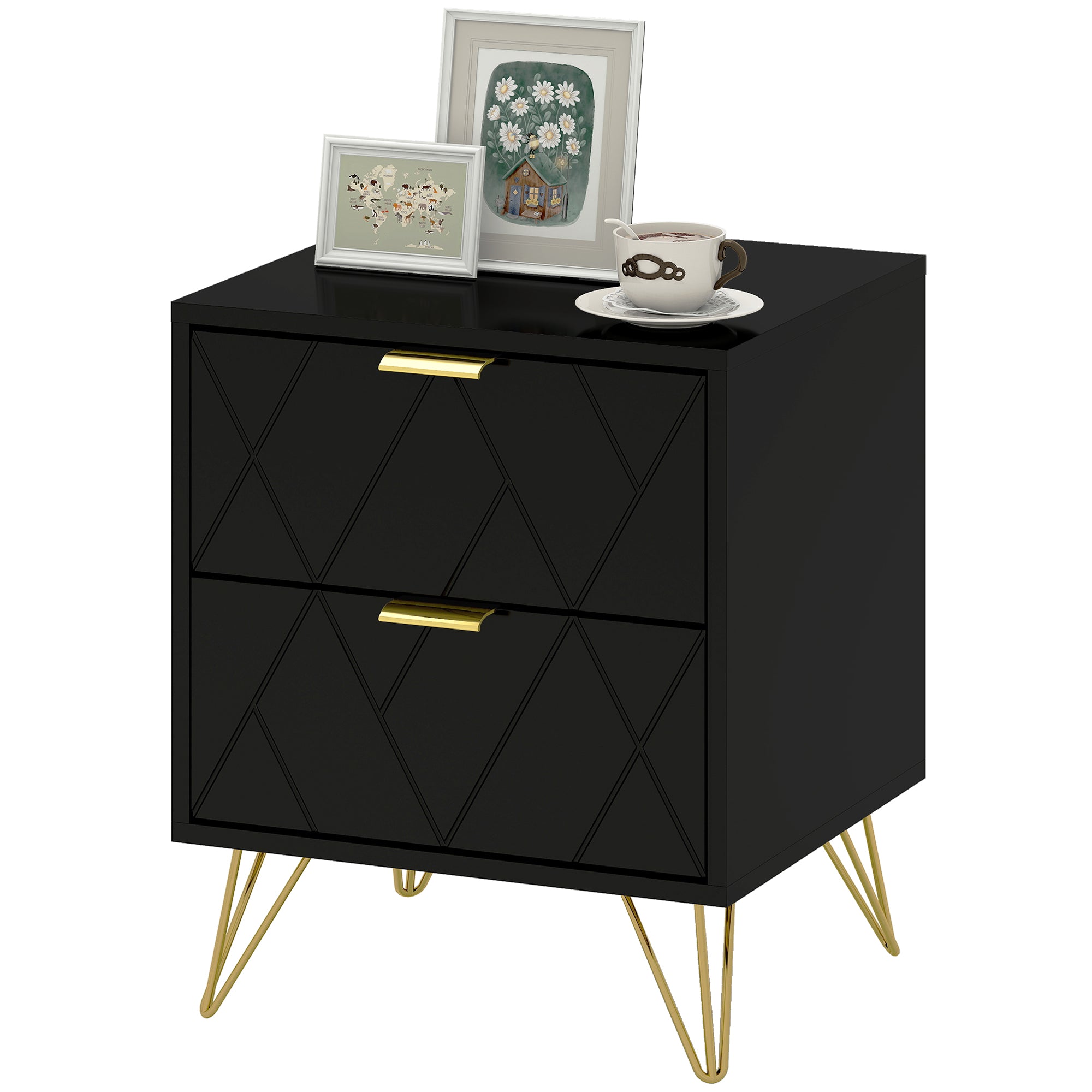 Modern Bedside Table, Accent Nightstand with 2 Drawers, Bed End Table for Bedroom, Black