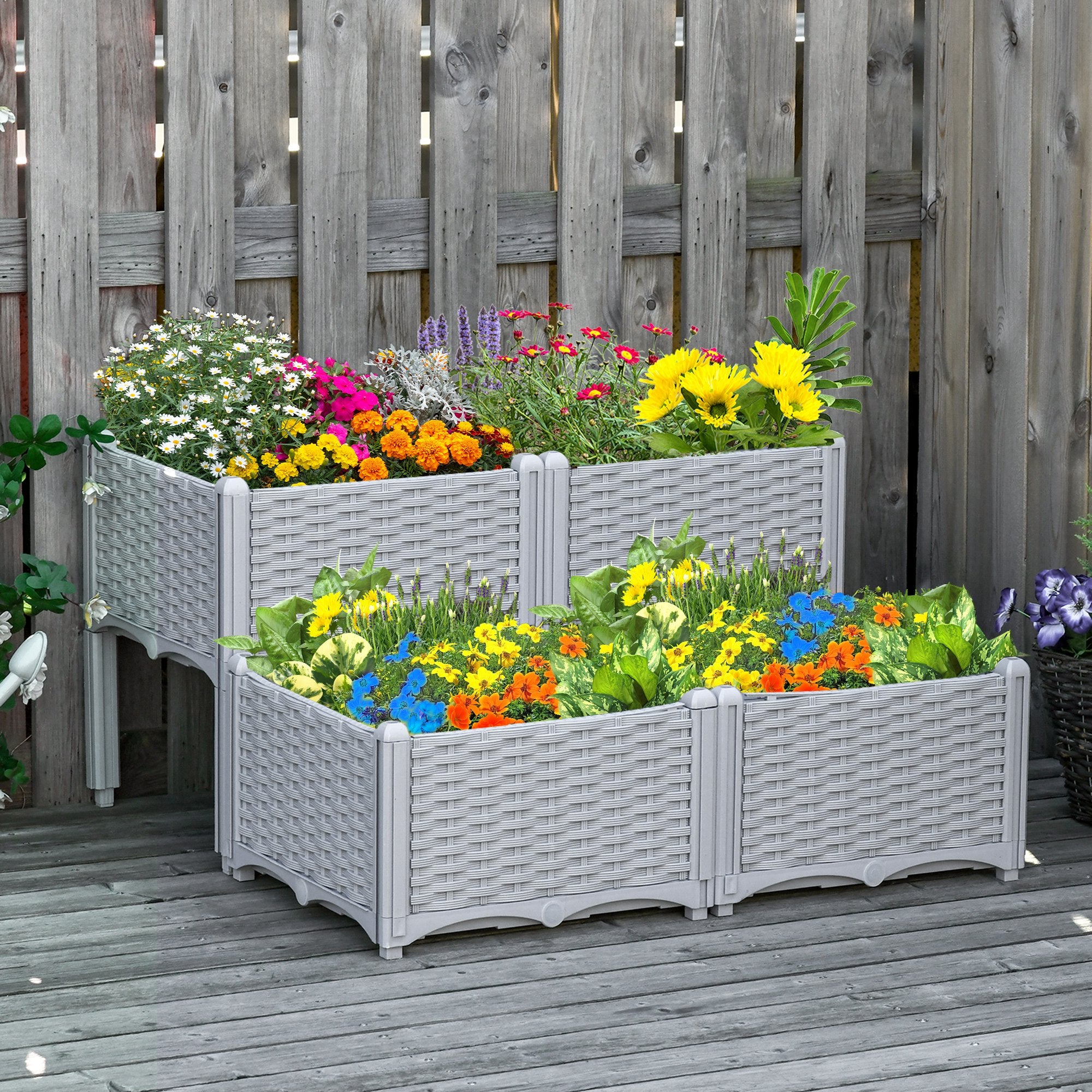 4-piece Raised Garden Bed PP Raised Flower Bed Vegetable Herb Grow Box Stand Grey