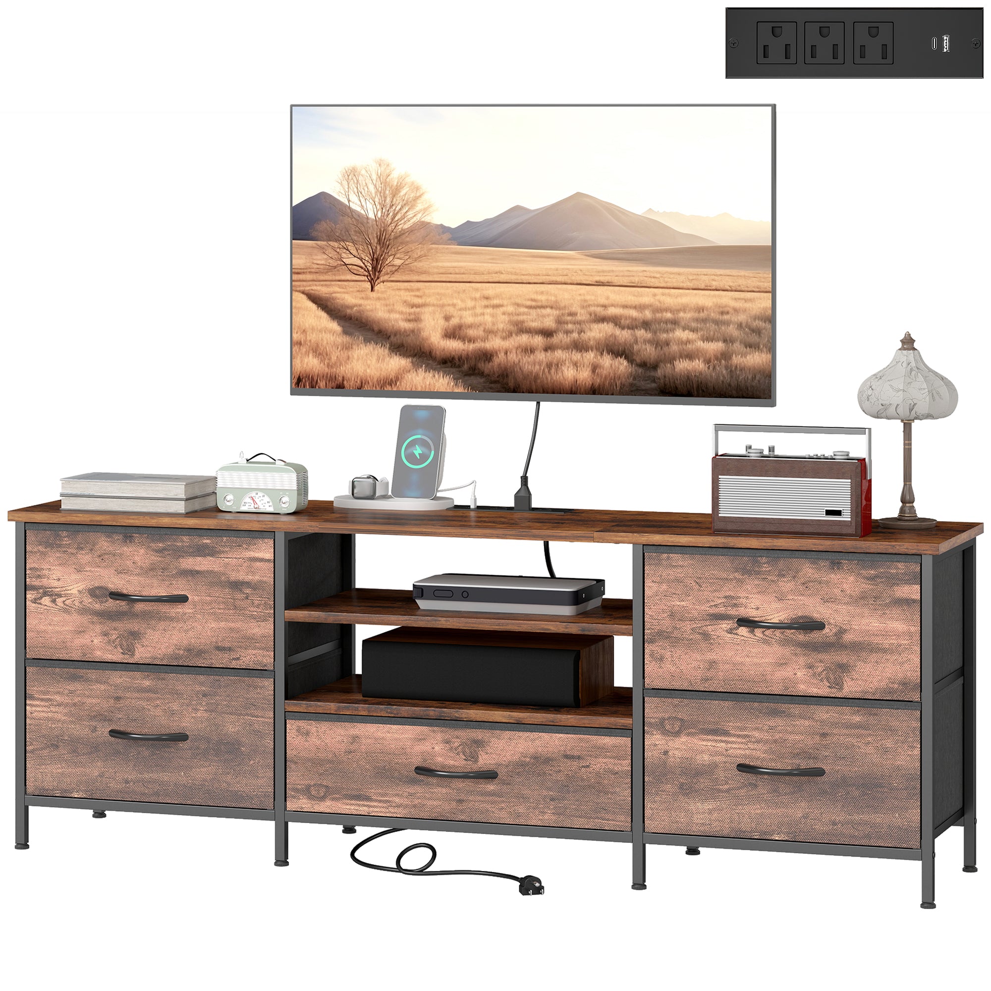 TV Stand for TVs up to 65 Inch, Industrial TV Console with Charging Station, 5 Drawers and Open Shelves, Rustic Brown