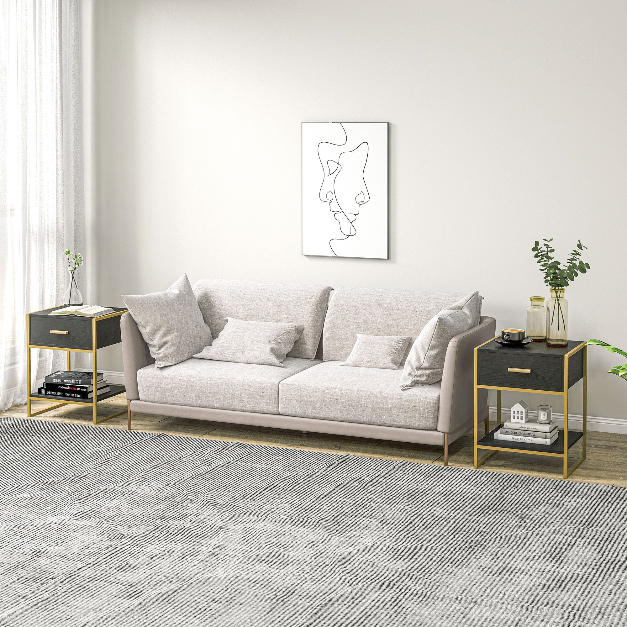 Modern Nightstand Set Of 2, Small Bedside Table with Drawer, Shelf and Steel Frame for Bedroom, Black