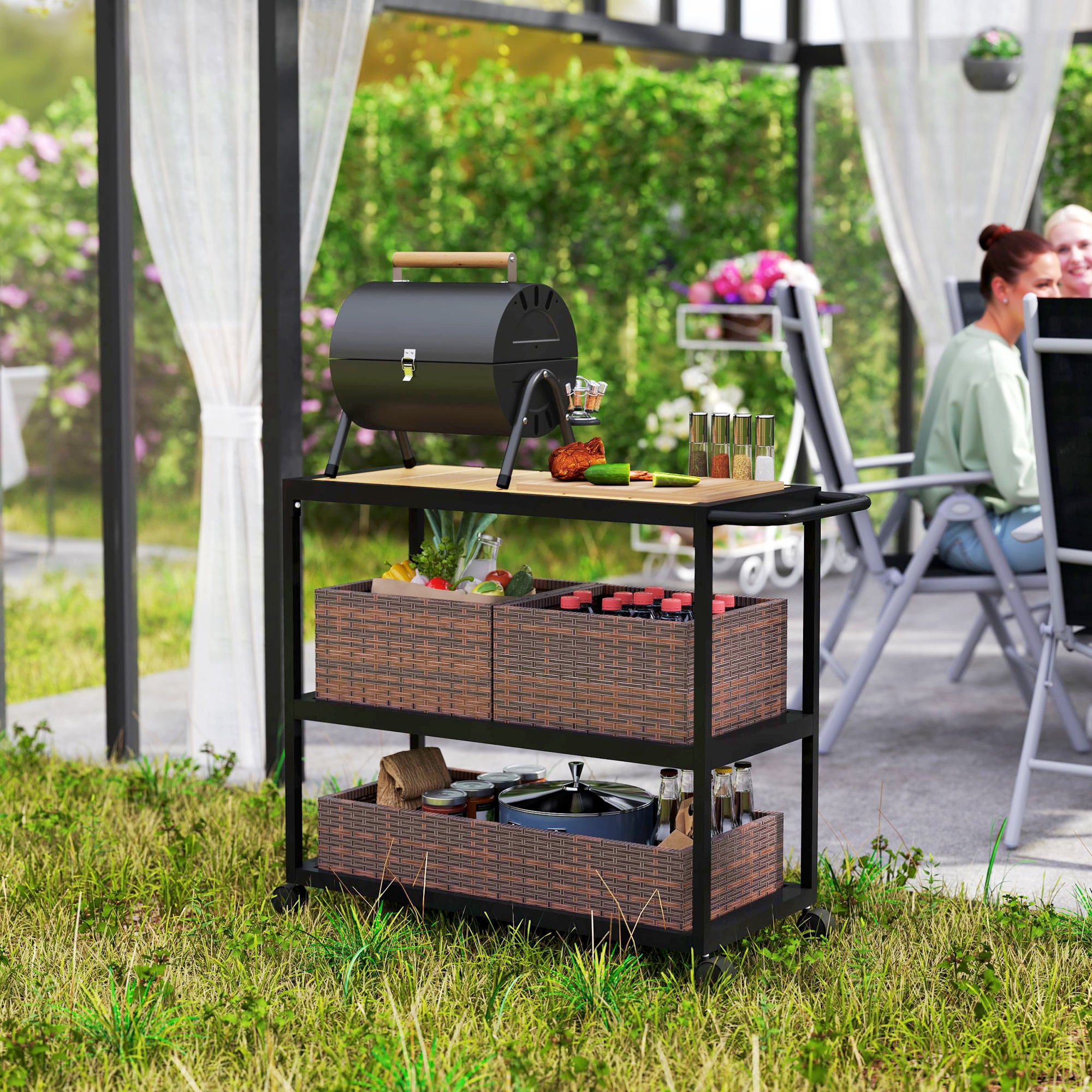 Outdoor Bar Cart with Side Handle, 3-Tier Rolling Cart on Wheels with Removable Rattan Basket, Mixed-Brown