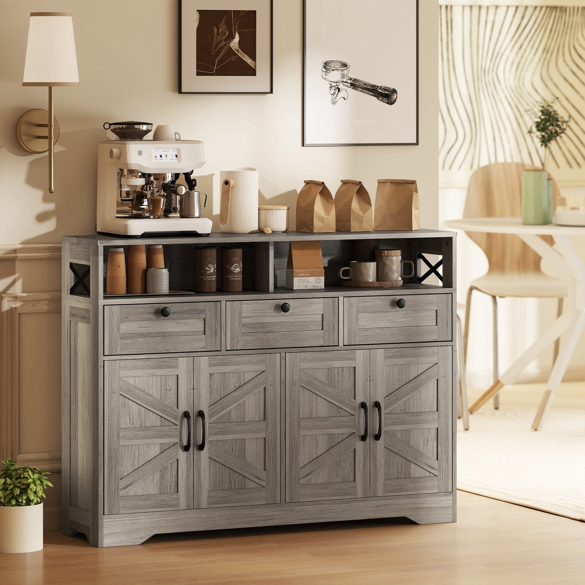 Sideboard, Buffet Cabinet with 4 Barn Doors and 3 Drawers, Coffee Bar Cabinet with Adjustable Shelves, Grey