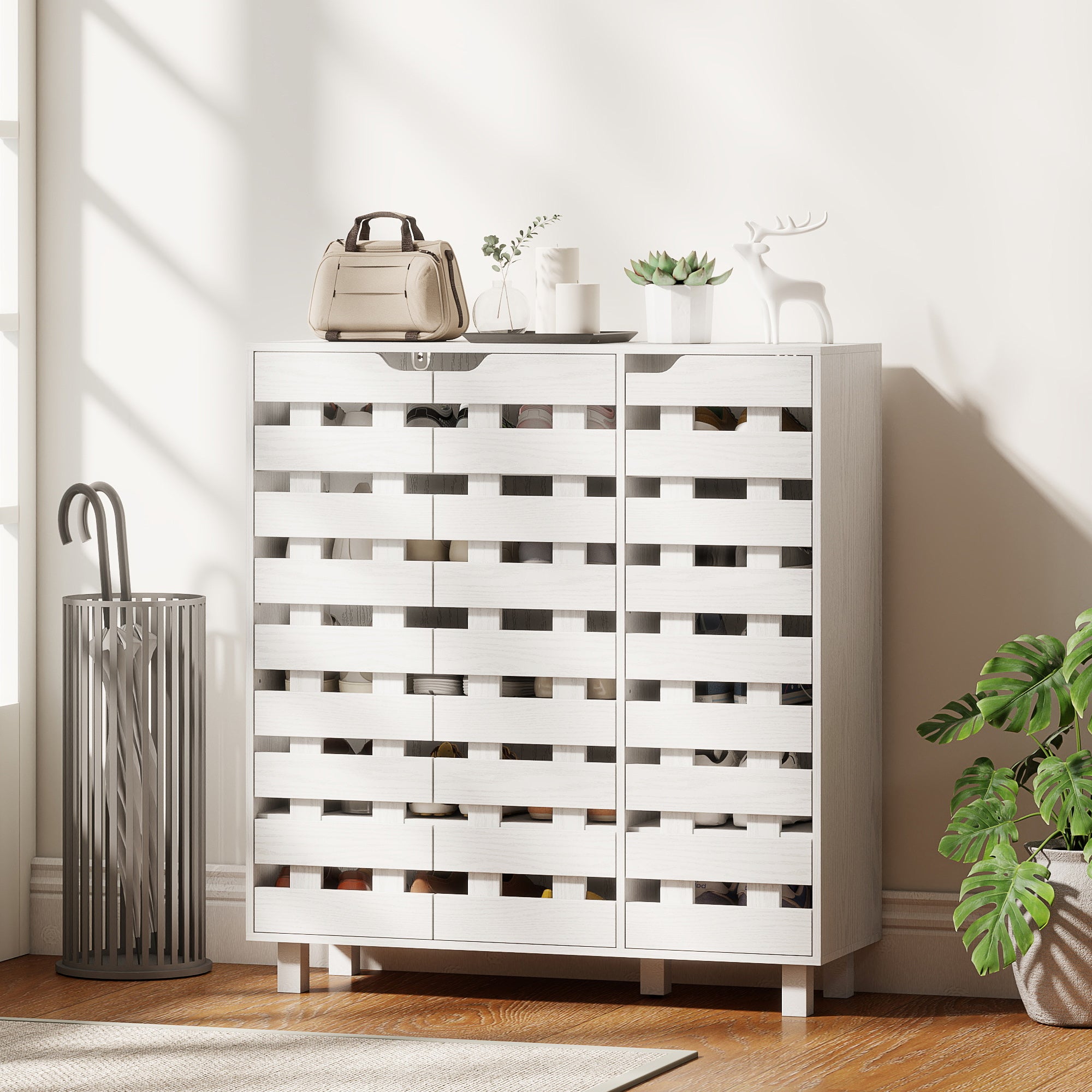 Shoe Cabinet, 20 Pair Shoe Storage Cabinet with Hollowed-Out Doors, White