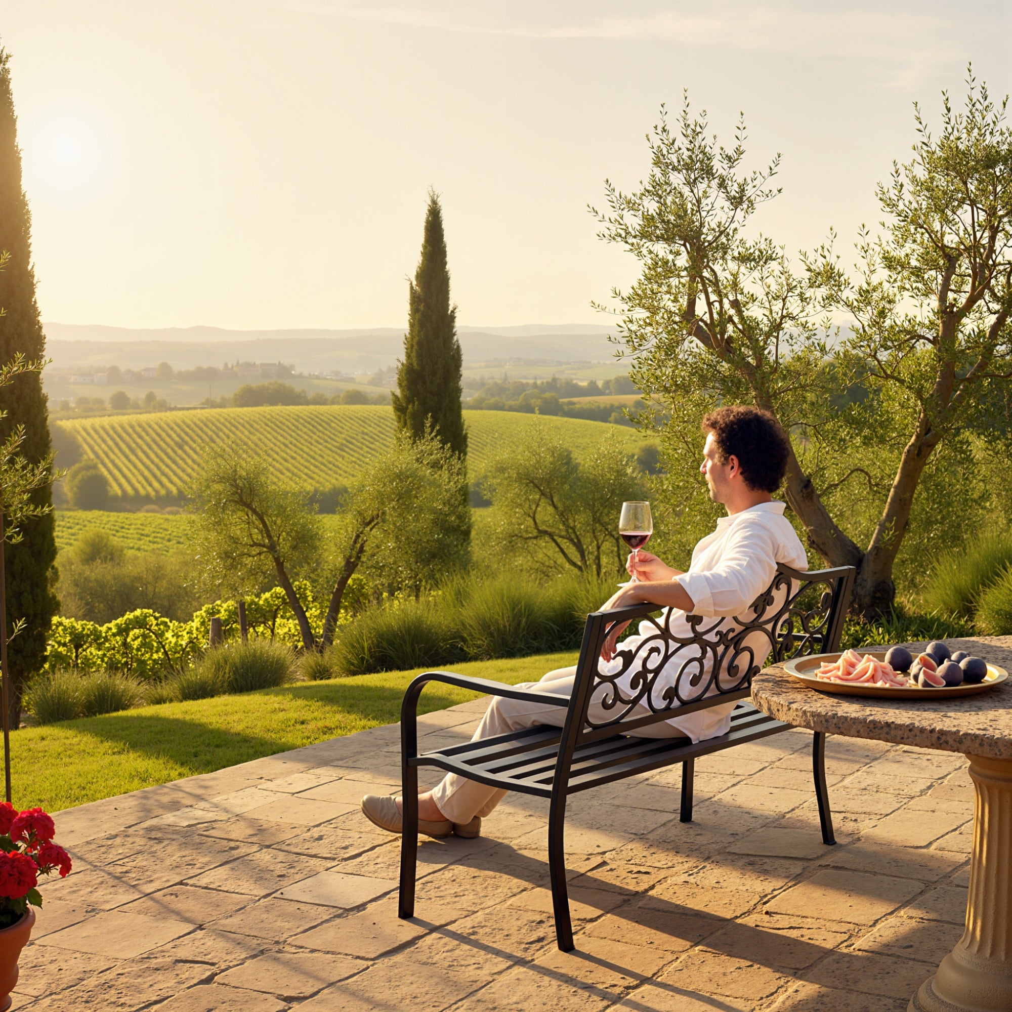 Garden Bench Outdoor Loveseat with Vintage Floral Pattern Cast Metal, 50" x 23.6" x 35", Black