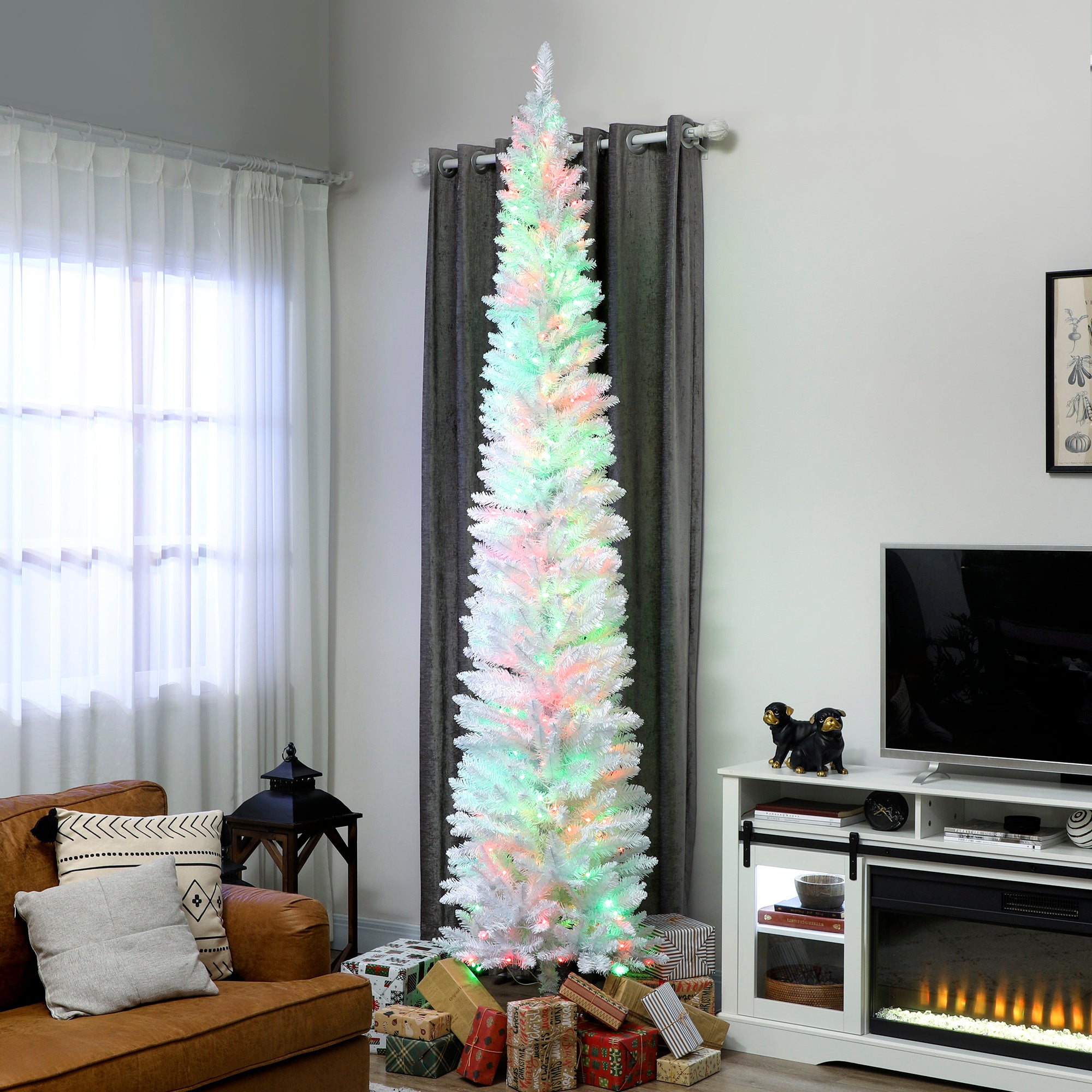 9ft Christmas Tree with Colourful DIY Synchronized LEDs, Hinged Pencil Xmas Tree with Remote, Daily Timer, White