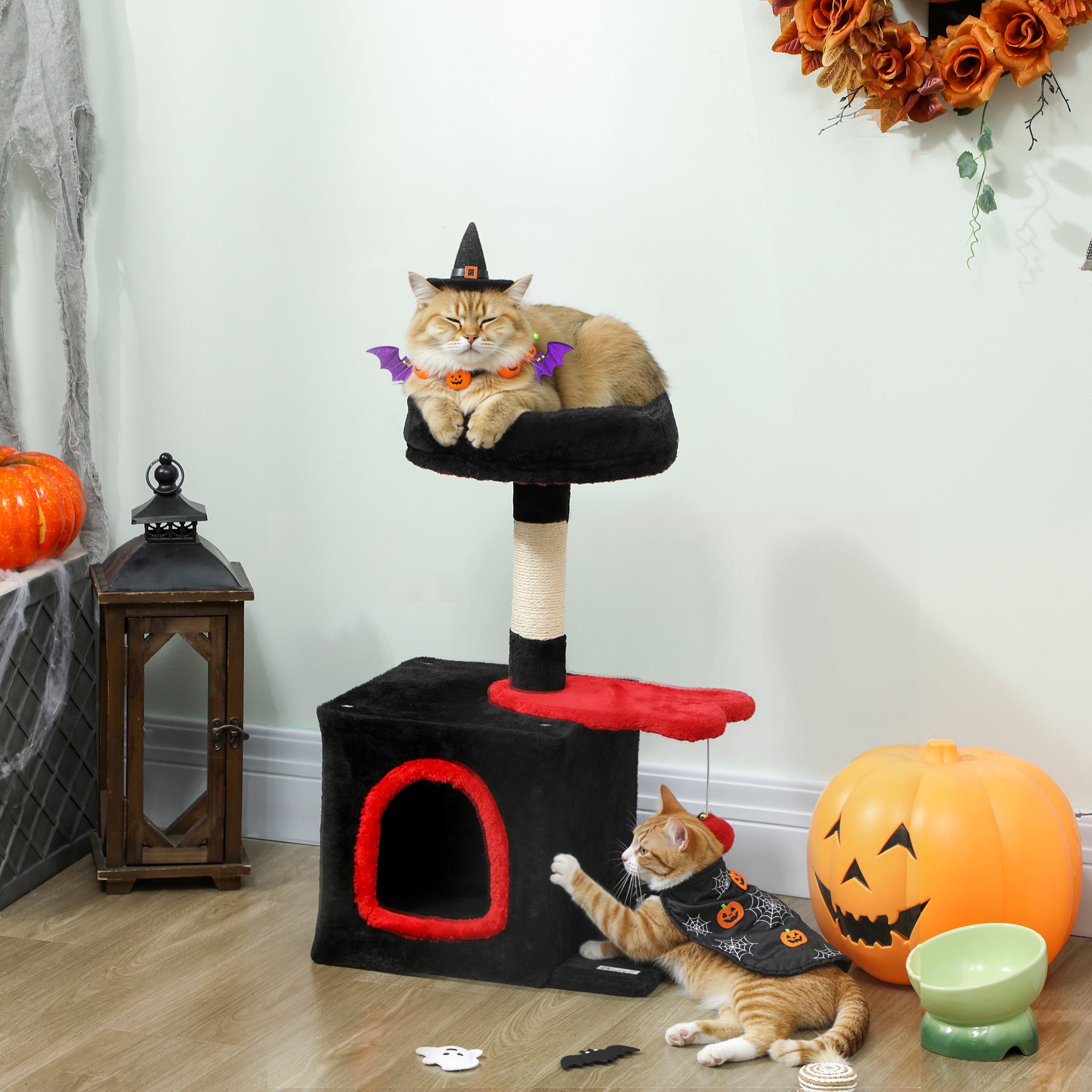 28" Gothic Cat Tree Tower with Plush Top Bed, Cozy Condo, Sisal Scratching Post, Perch, Dangling Ball, Red & Black