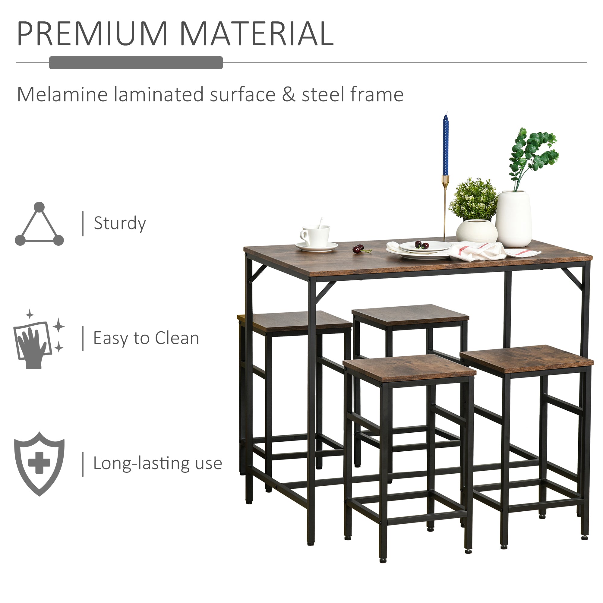 5 Pieces Industrial Rectangular Bar Table Set, Dining Table Set Breakfast Table with 4 Stools for Dining Room, Kitchen, Dinette, Rustic Brown