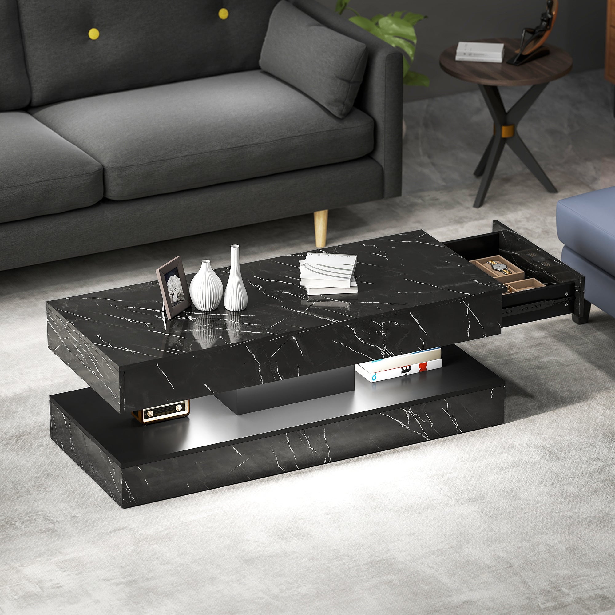 Coffee Table with Adjustable LED Lights, Center Table with 2 Drawers, Open Shelf, Remote, High Gloss Marble-Effect Black