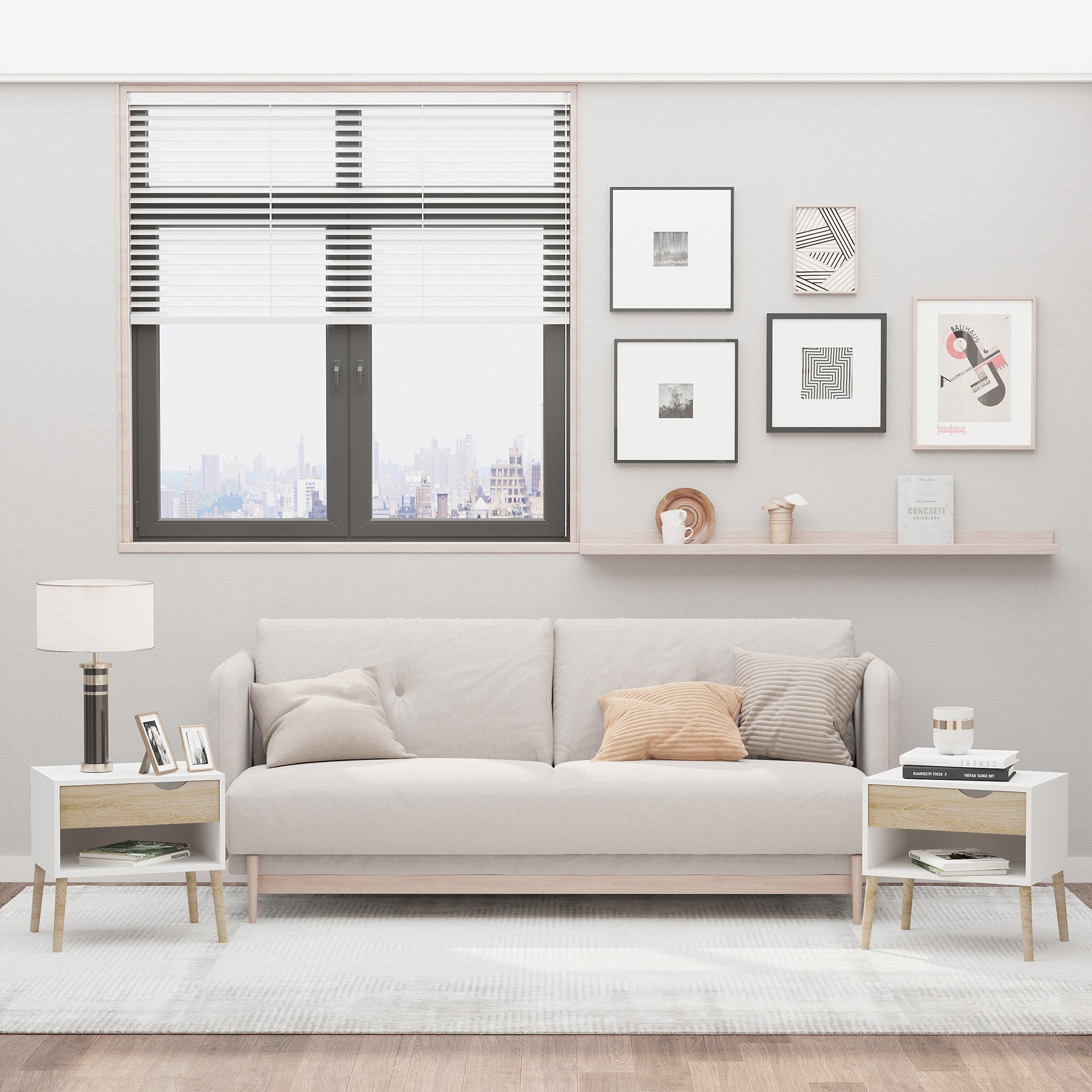 Set of 2 Bedside Table with Drawer and Shelf, Modern Nightstand with Wooden Legs, End Table for Bedroom, White