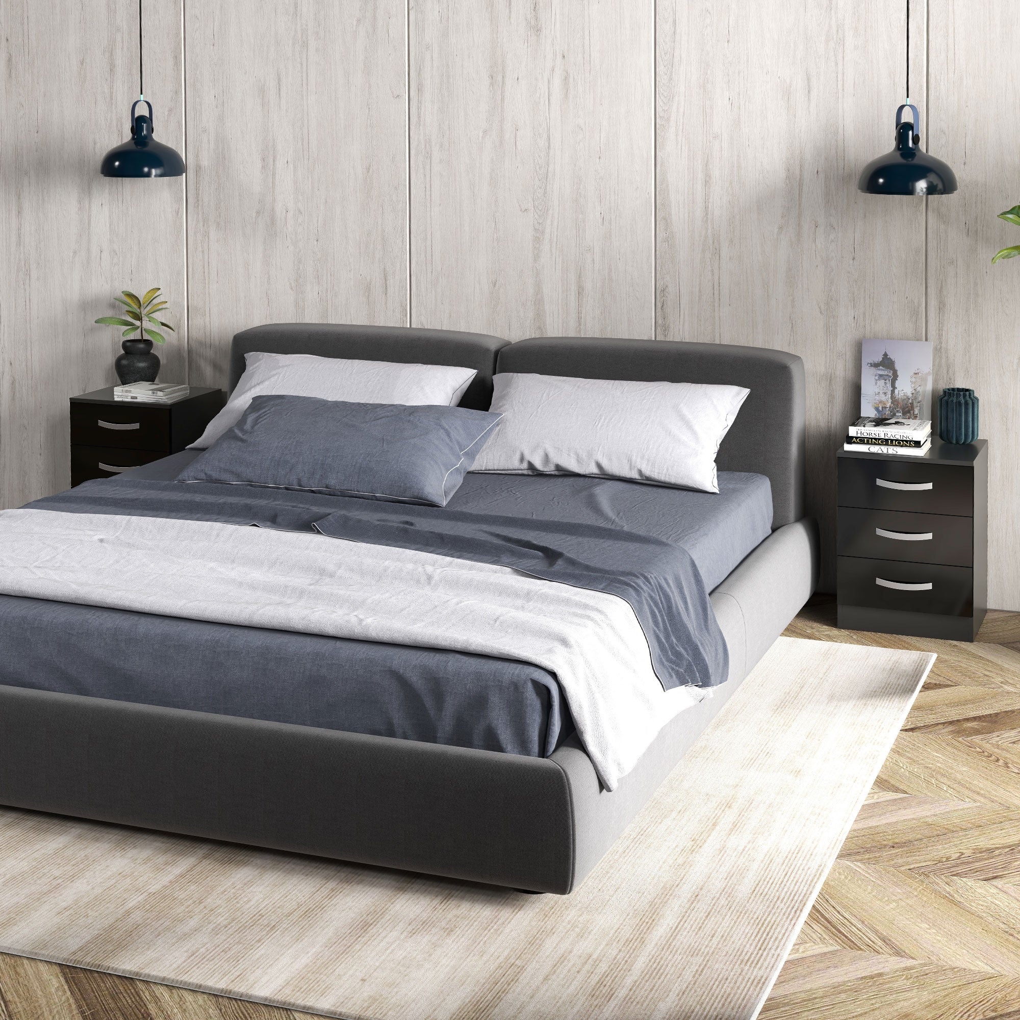 Bedside Table Set of 2, Modern Nightstand with Drawers and High Gloss Fronts, Night Table for Bedroom, Black