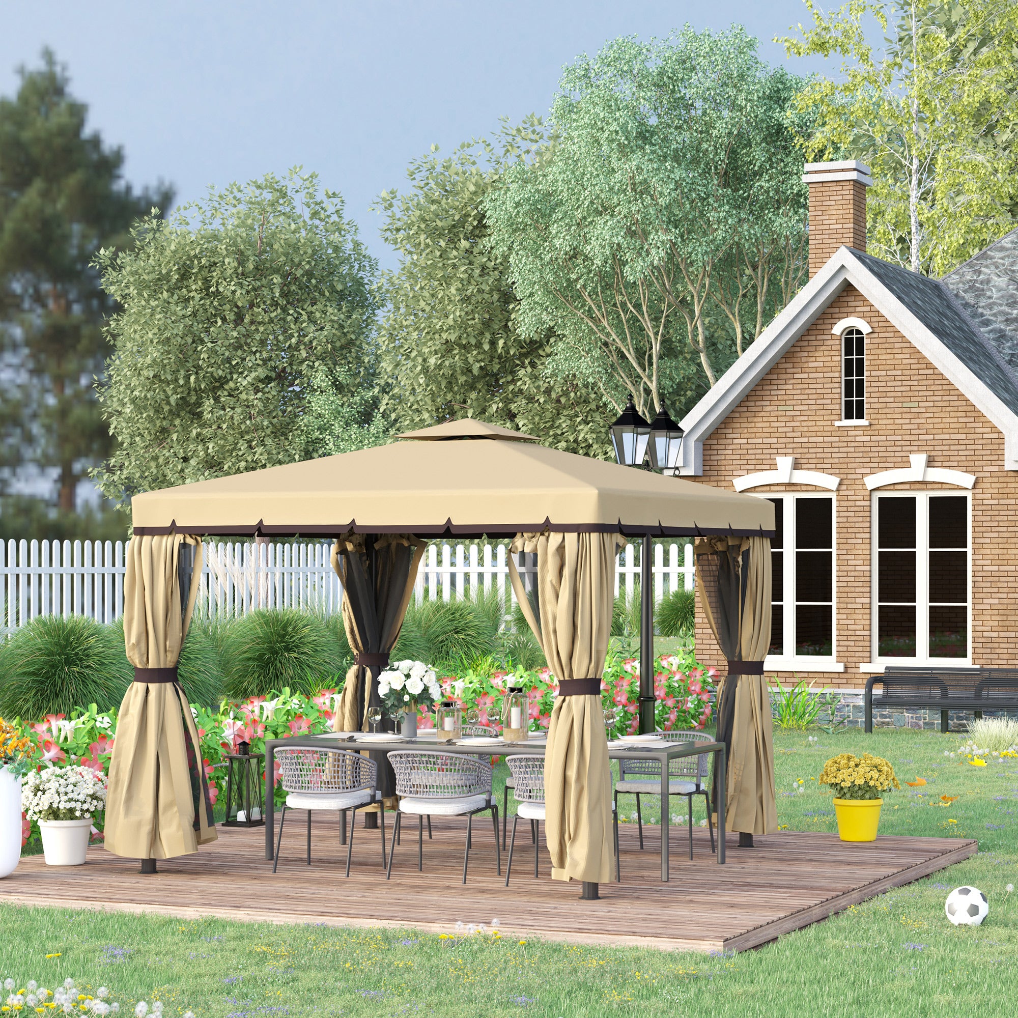 10' x 10' 2-Tier Outdoor Gazebo Canopy Tent with Zippered Mesh Sidewalls, Aluminum Frame for Patio, Backyard, Beige