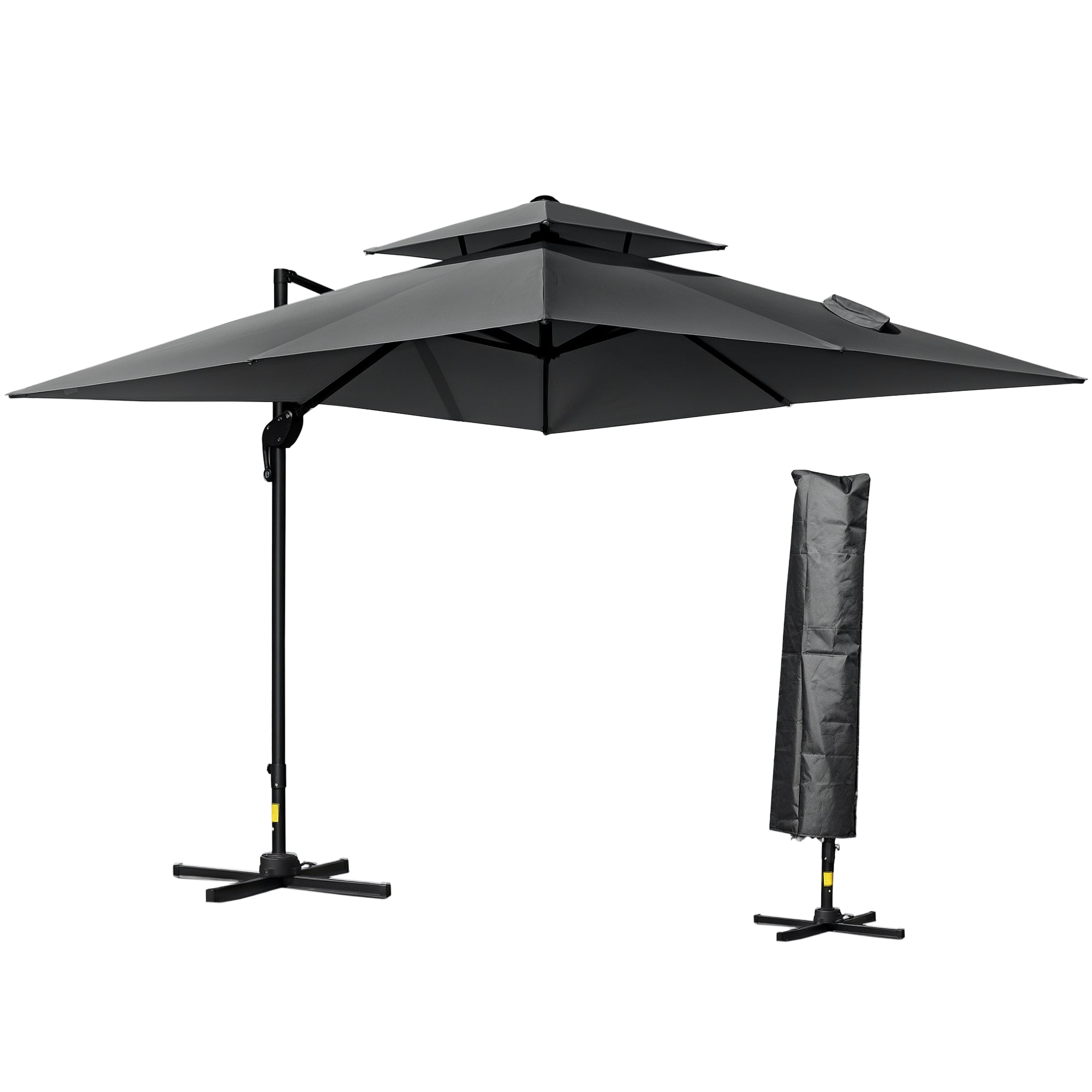 10' x 10' Cantilever Patio Umbrella, Double Top Square Offset Umbrella with 360° Rotation, 5 Adjustable Tilt Angles, Umbrella Cover, Aluminum Pole and Ribs, Charcoal Grey