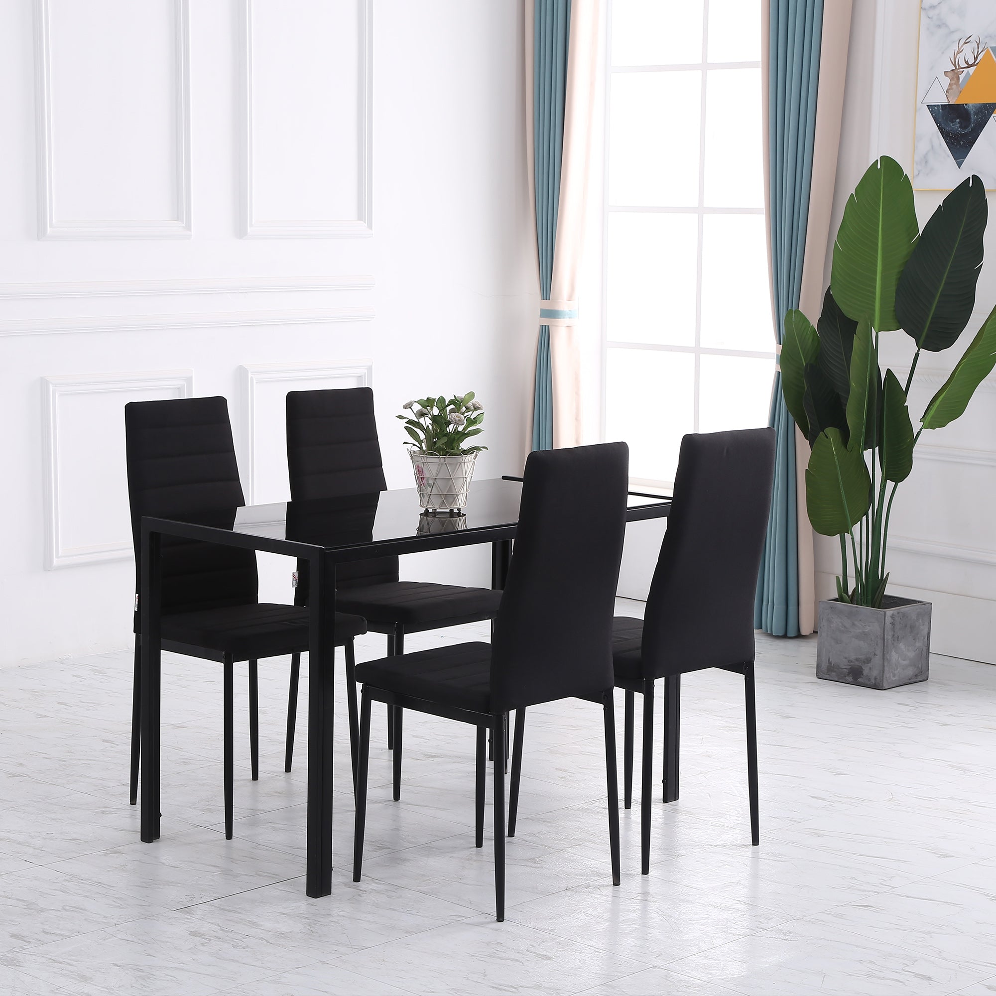 High Back Dining Chairs, Modern Upholstered PU Leather Accent Chairs with Metal Legs for Kitchen, Set of 4, Black