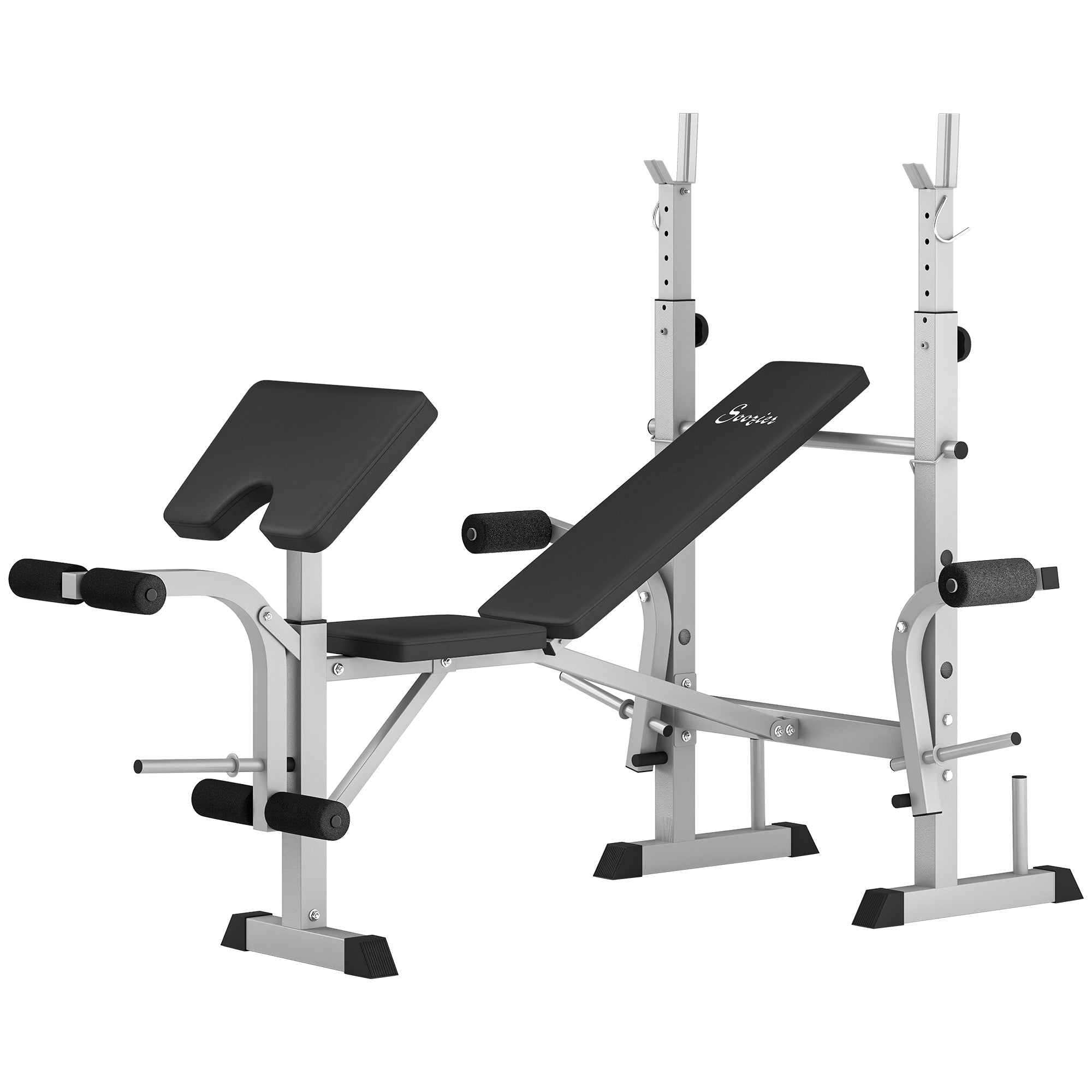 Soozier Bench Press Set Adjustable Weight Bench with Squat Rack, Preacher Curl Pad, Leg Developer and Weight Storage, Grey