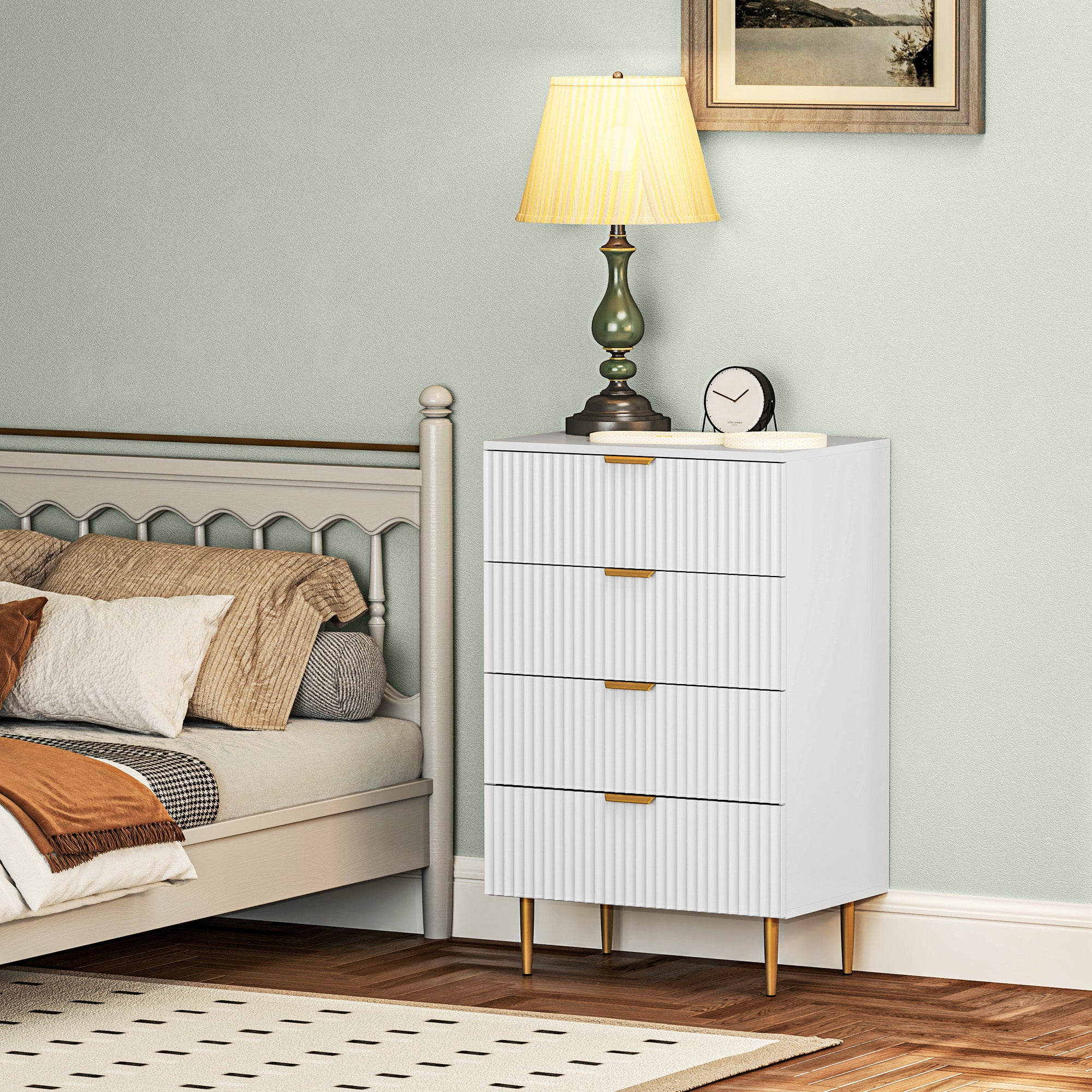 Modern Chest of Drawers 4 Drawer Dresser for Bedroom with Gold Legs and Handles, White