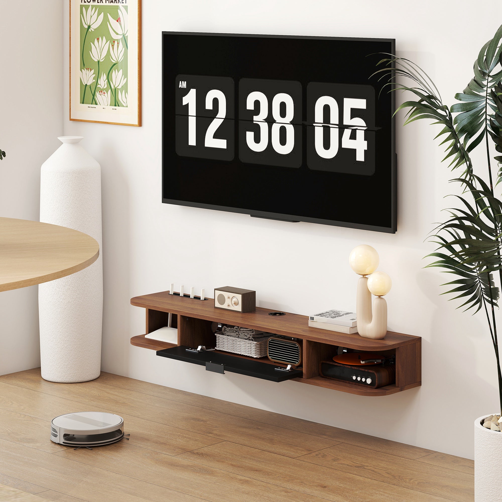 47" Floating TV Stand for TVs up to 50 Inch, Wall Mounted Media Console with Flip Drawer and 2 Open Shelves, Walnut