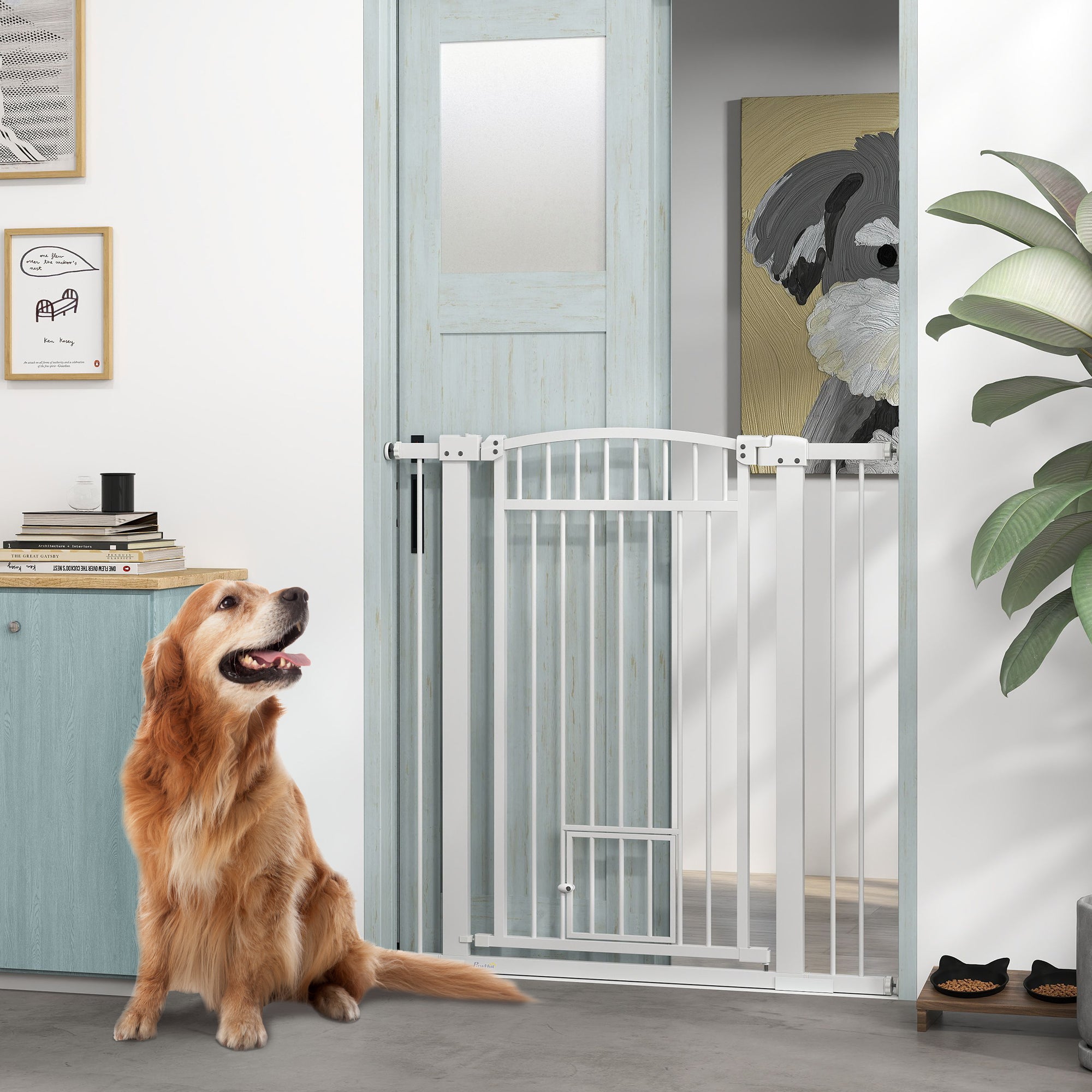 30"-41" Extra Wide Pet Gate with Small Door, 42" H Dog Gate with 3-Inch and 5.5-Inch Extension Kit