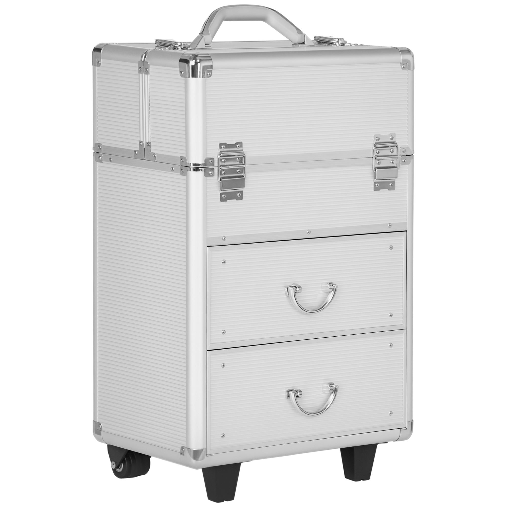 Aluminum Rolling Makeup Case, Portable Professional Cosmetic Makeup Case, Lockable Traveling Cart Trunk with Folding Trays, Swivel Wheels and Keys, Silver